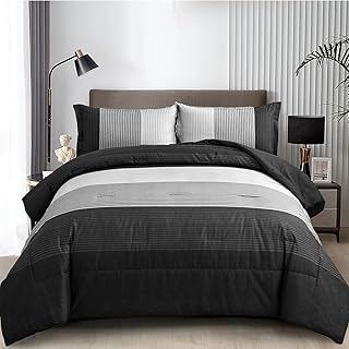 WONGS BEDDING Black Comforter Set Queen, Reversible Black Grey Stripe Do...