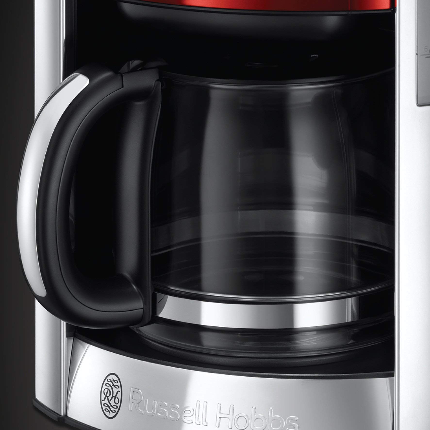 Russell Hobbs Cafetera de Goteo Luna Red - 12 Tazas, Jarra Cristal 1,8L, Programable, Soporte de Filtro Lavable, Tecnología de Rociado Avanzada, Acero Inoxidable, Plata y Rojo - 23240-56