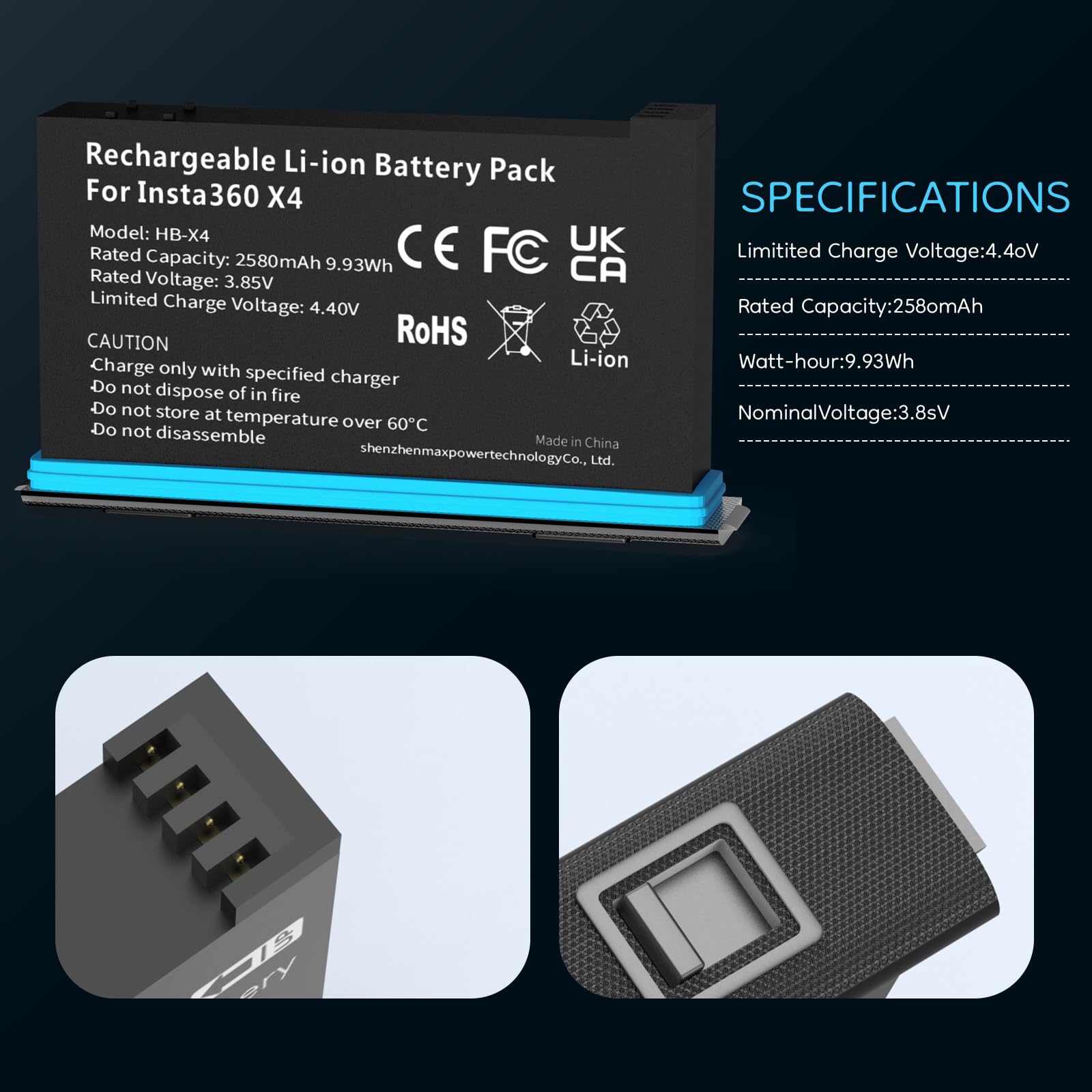 Set di caricabatterie 360 x 4, confezione da 2 batterie di ricambio da 2580 mAh e doppia custodia di ricarica rapida per accessori Insta360 X4 con slot per schede SD Misro (2 batterie+1 caricabatterie
