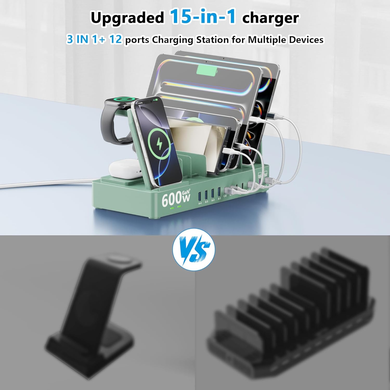 600w Charging Station for Multiple Devices, 15 in 1 Wireless Charger with 2pack 100w USB C Charger Cable, Dual 100w USB C Tablet Charging Station for MacBook,iPhone,iPad,Tablet(Green) - Image 3