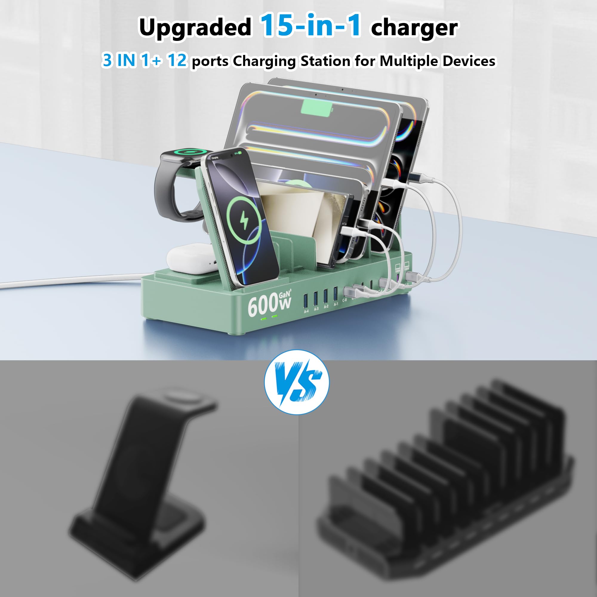 Estación de carga de 600 W para múltiples dispositivos, cargador inalámbrico 15 en 1 con 2 cables de carga USB C de 100 W, estación de carga dual USB C de 100 W para MacBook, iPhone, iPad, tableta