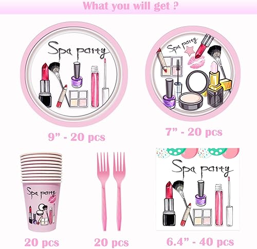 Miniatura 2 de 122 piezas de decoraciones de fiesta de spa, platos de fiesta de spa, servilletas, tazas, tenedores, mantel, kit de vajilla para niñas, maquillaje,
