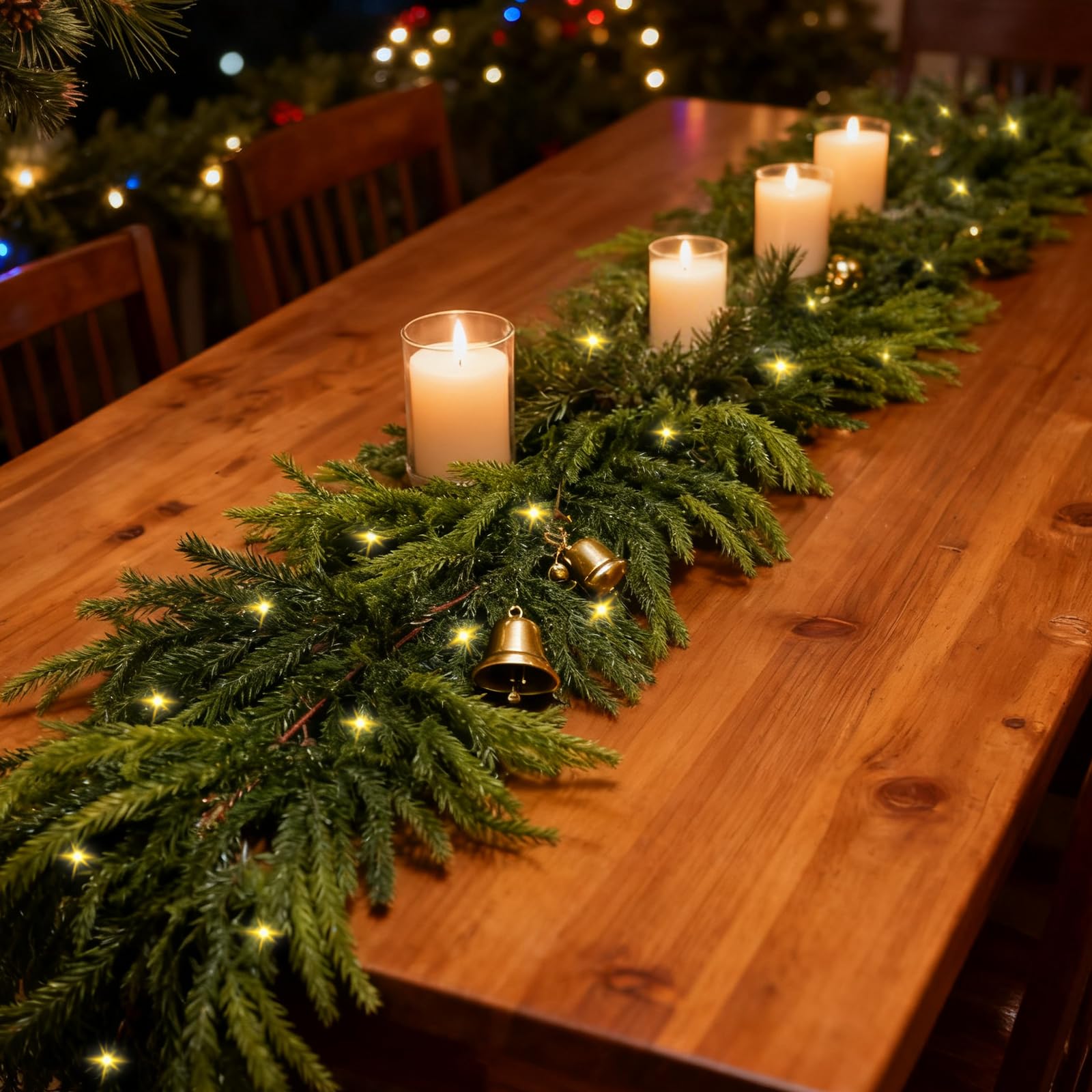 Ghirlanda natalizia con luci, 1,8 m, in legno di pino norfolk, decorazione natalizia per camino, tavolo (1,8 m con luce (batteria non inclusa)