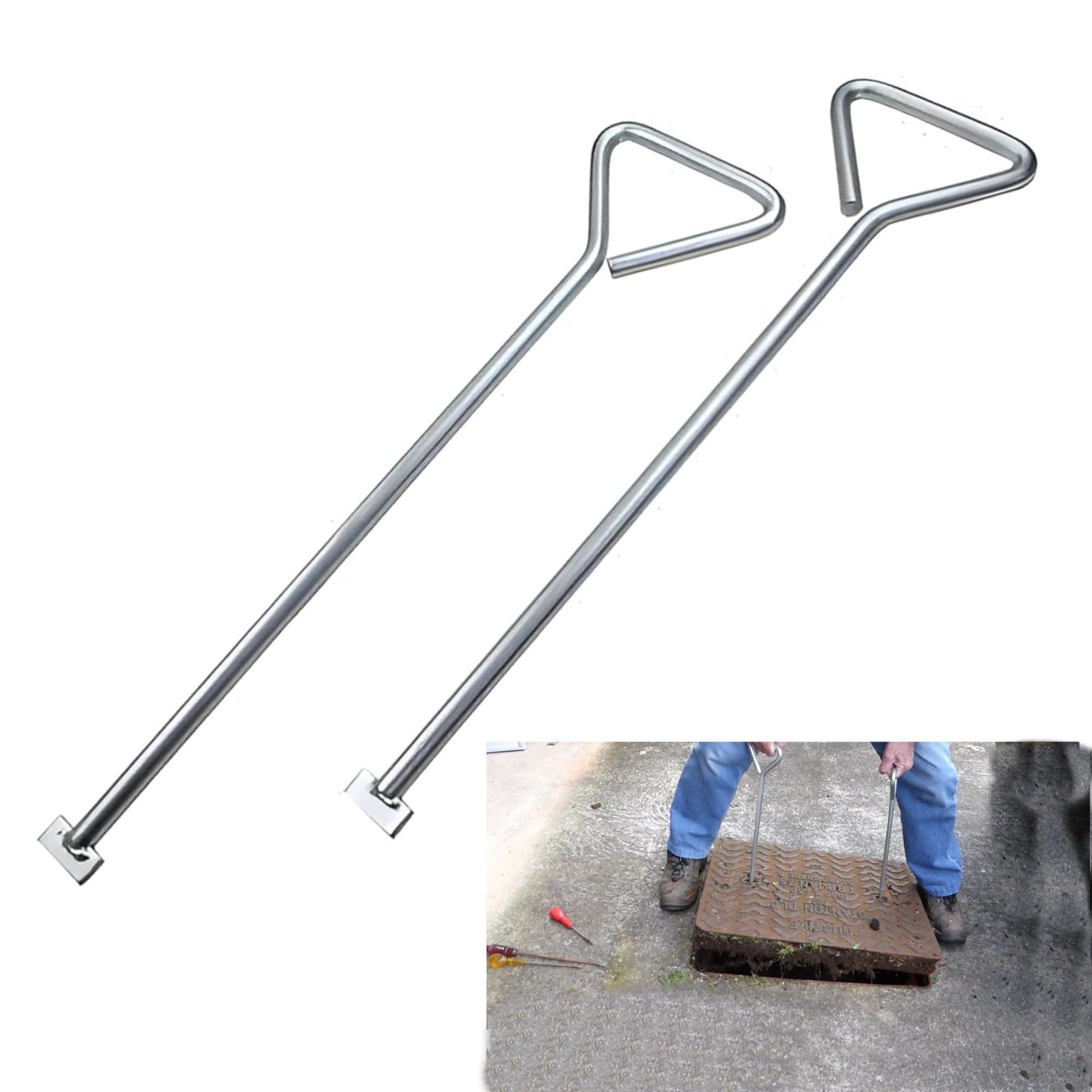 ReTaaj 2PK 18 inch Manhole Cover Lifting Keys Carbon Steel Zinc Plated Heavy Duty Long Handled Drain Cover Lifting Tools 450mm