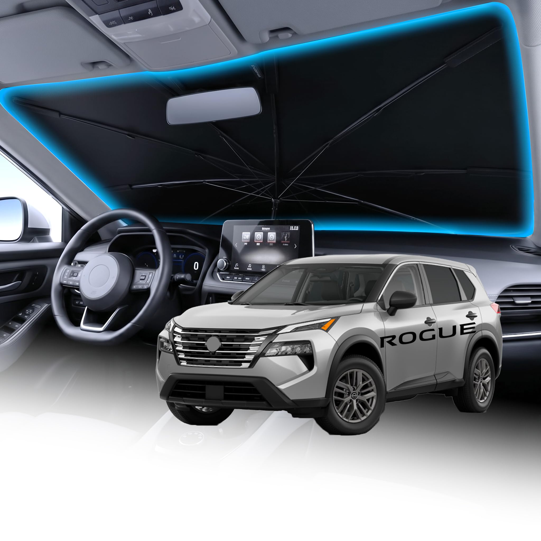 Wigoo Windshield Sun Shade Umbrella for Nissan Rogue 2008-2025 [100% Sun Blockage, Ice Cooling Fabric] Foldable Heat Insulation Front Window Sunshade Umbrella for Nissan Rogue 2008-2025
