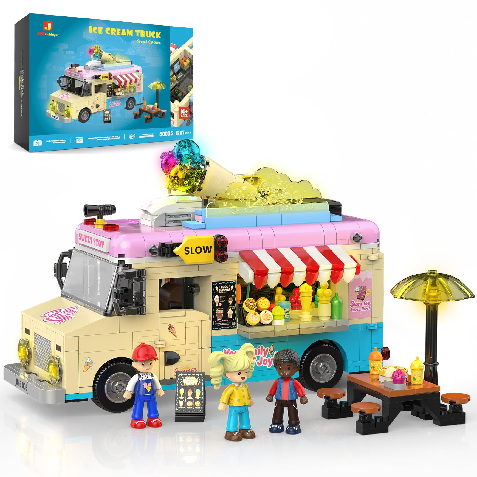 JMBricklayer Ice Cream Van Building Set with Lights, City Truck Block Toy with 3 Mini Figures, Pretend-Play Food Display Model Car for Girls, Collection Vehicle Gift for Teens Adults 14+