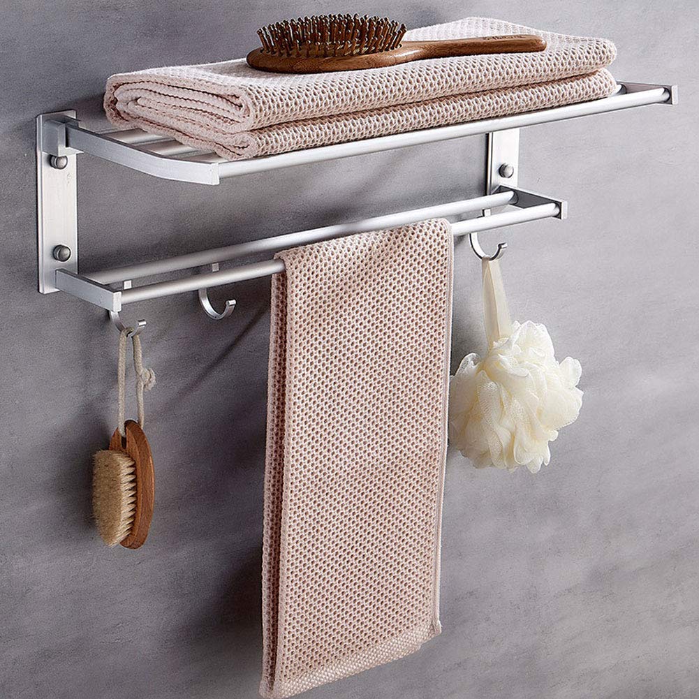 Toallero de aluminio doble para organizar baños pequeños con estante plegable funcional