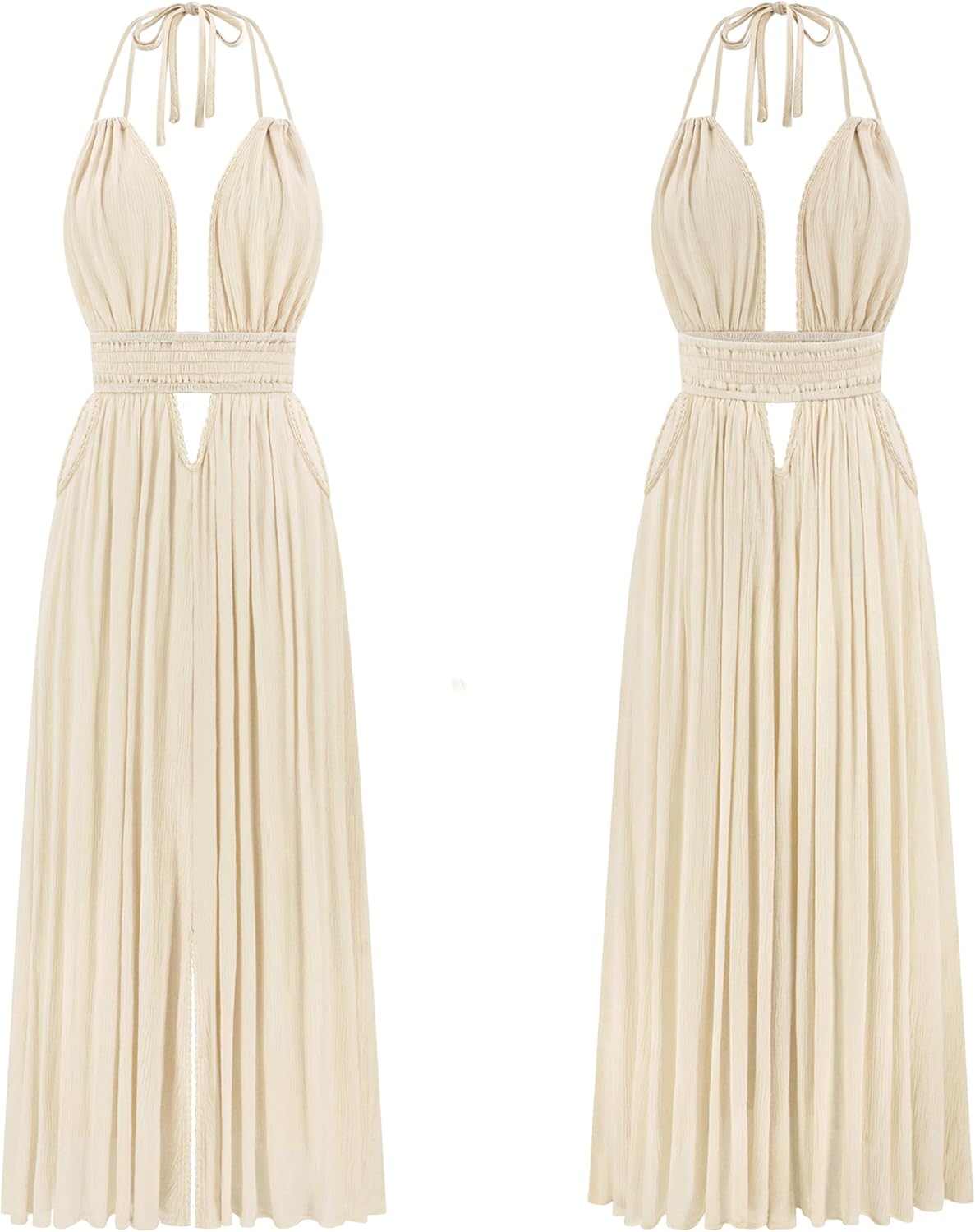 R.Vivimos Boho Maxi Dresses for Women 2026 Summer Sleeveless Halter Elastic Waist Sexy Backless Front Slit Flowy Long Dresses - Image 5