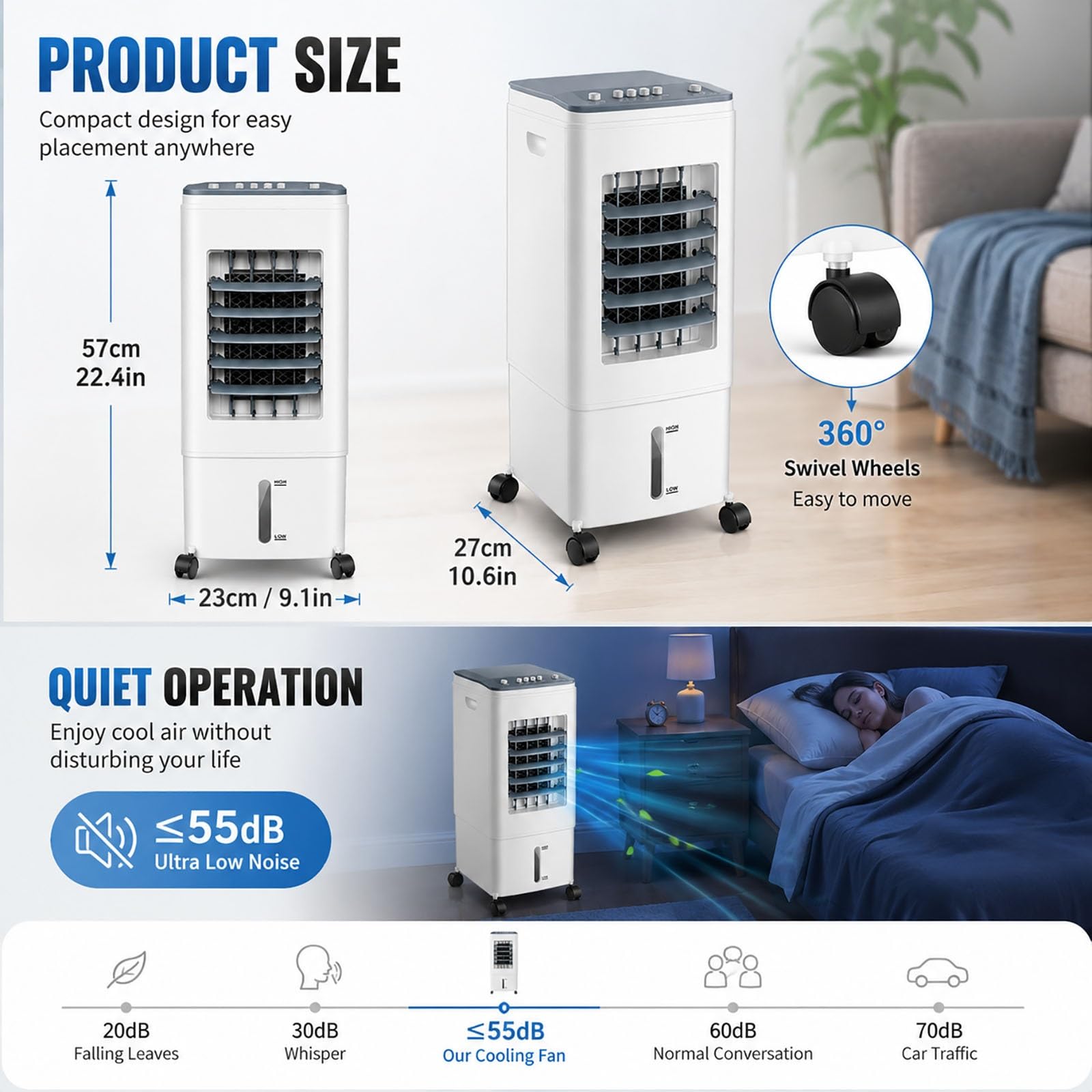 Climatizador Evaporativo, Ventilador de Torre Portátil 4 en 1, Tanque de 6L, 3 Velocidades y Modos, Oscilación 120°, Enfriador de Aire Silencioso con 4 Acumuladores de Hielo