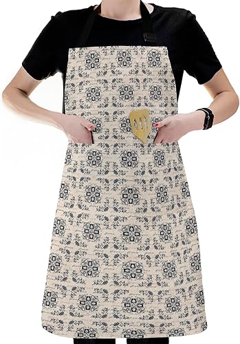 Miniatura 6 de Waterproof Apron with 2 Pockets, Vintage Middle Agesl Floral Text Pattern Adjustable Man and Women Kitchen Bib Apron for Baking Cooking Restaurant