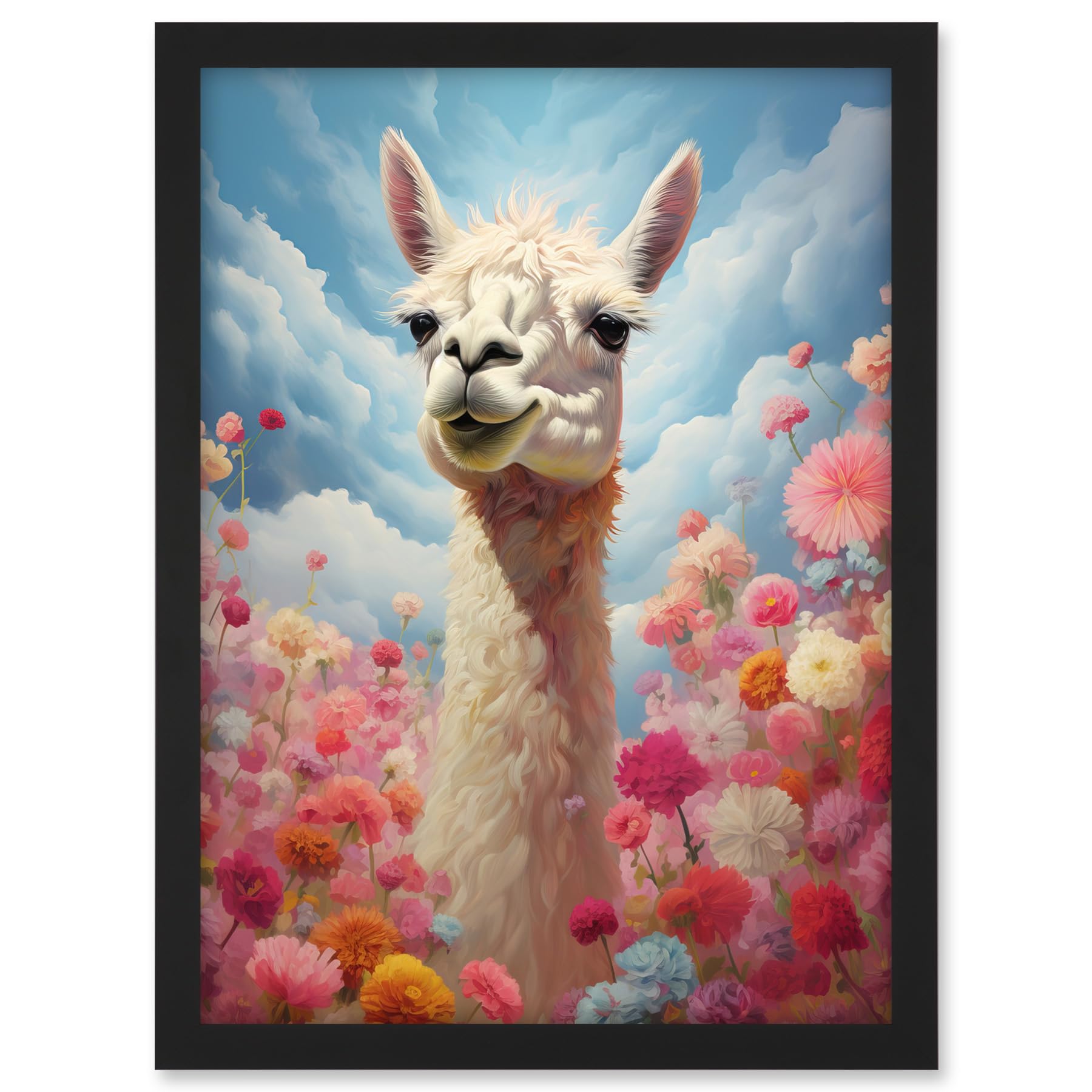 Artery8 Happy Llama Peeking Head Over Pink Flowers Bright Colourful Artwork Kids Bedroom Dreamy Spring Meadow Artwork Framed A3 Wall Art Print