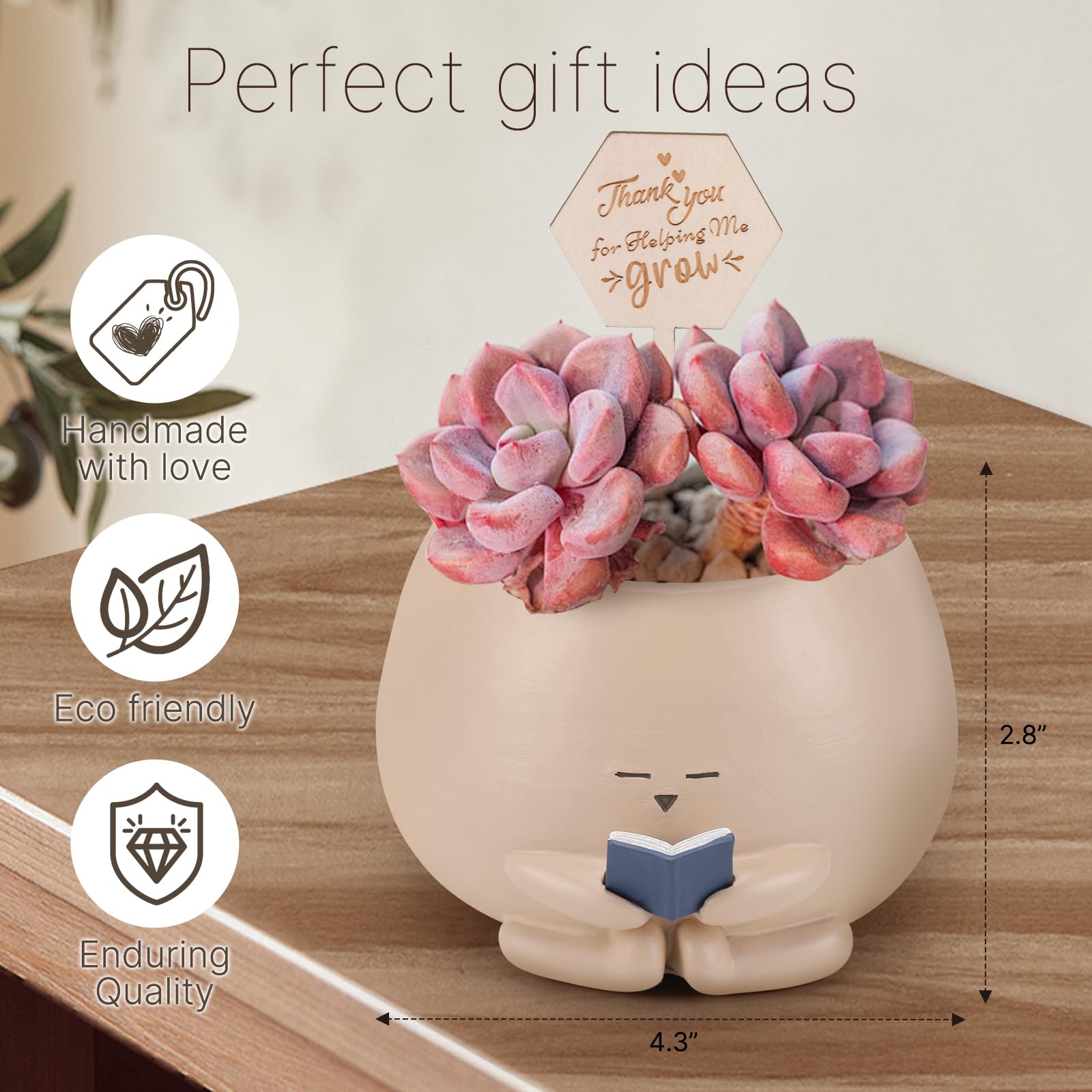 Maceta de gusano de biblioteca para regalo para amantes de los libros y las plantas con tarjeta de agradecimiento, regalo de apoyo emocional, regalo de agradecimiento para el día del padre