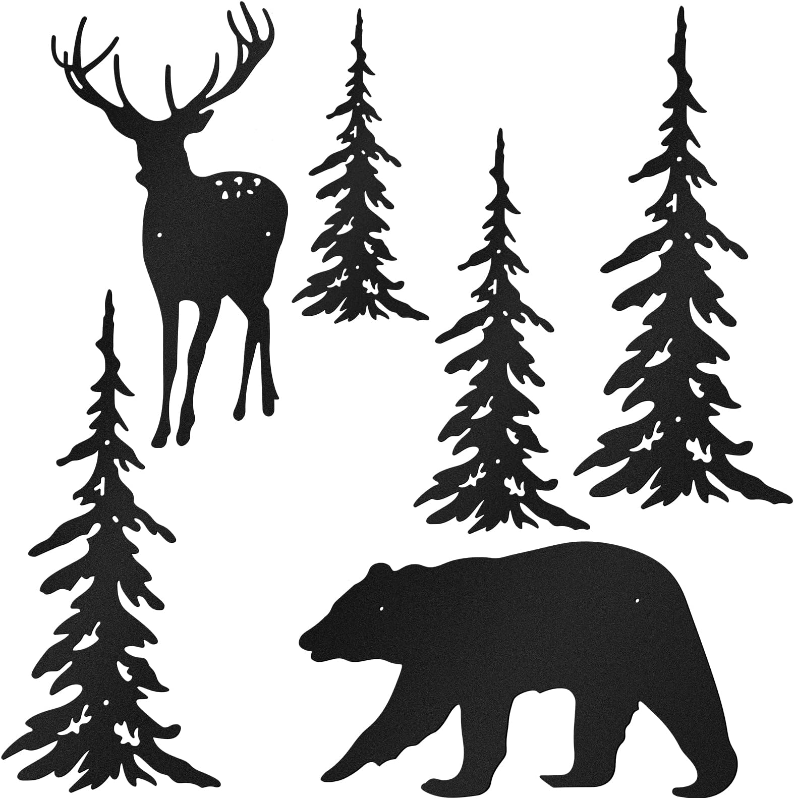 6 Pcs Metal Wall Art - Rustic Forest Hunting Sign Deer Bear Pine Tree Metal Art Wall Decor for Living Room, Bedroom, Bathroom, Indoor, Outdoor(Black)