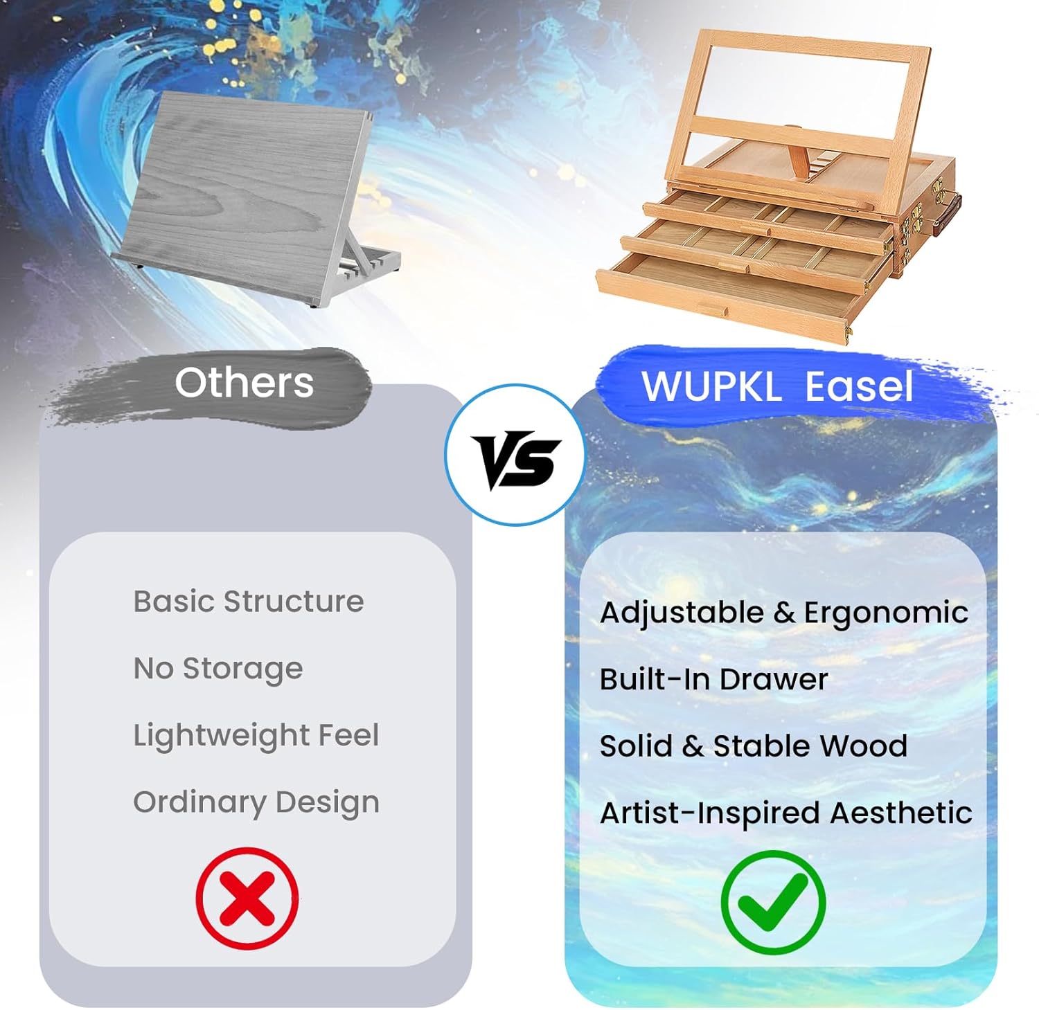 Tabletop Easel for painting with Storage, Wooden Artist Box Easel with 3 Drawers, Adjustable Desk Easel for Painting, Beechwood Art Supply Organizer with Handle & Strap for Adults Artists (Beech Wood)