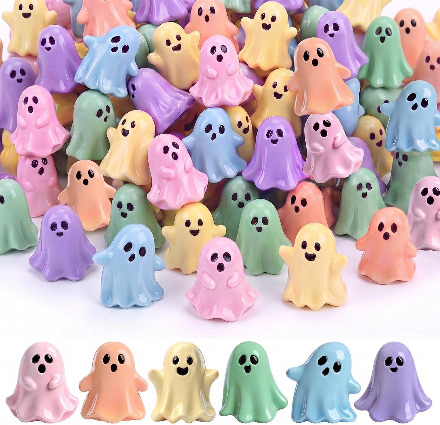 Qunclay 60 Pcs Halloween Mini Resin Ghosts Pastel Tiny Ghost Figurines