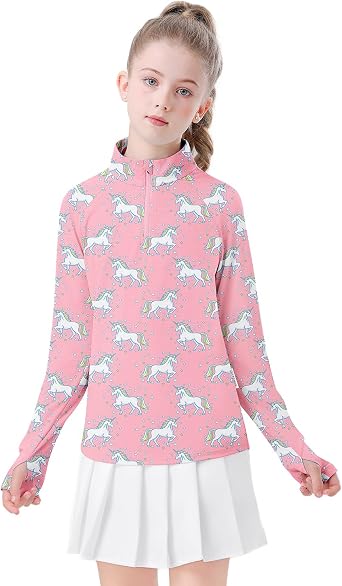 Soneven Girls Long Sleeve Golf Shirts Half Zip Kids Polo Uniform Shirts Quick Dry for 5-14 Years