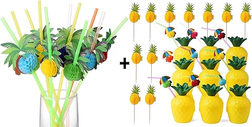 ALINK 50 popotes de coco + 12 tazas de piña con 12 popotes y 12 púas
