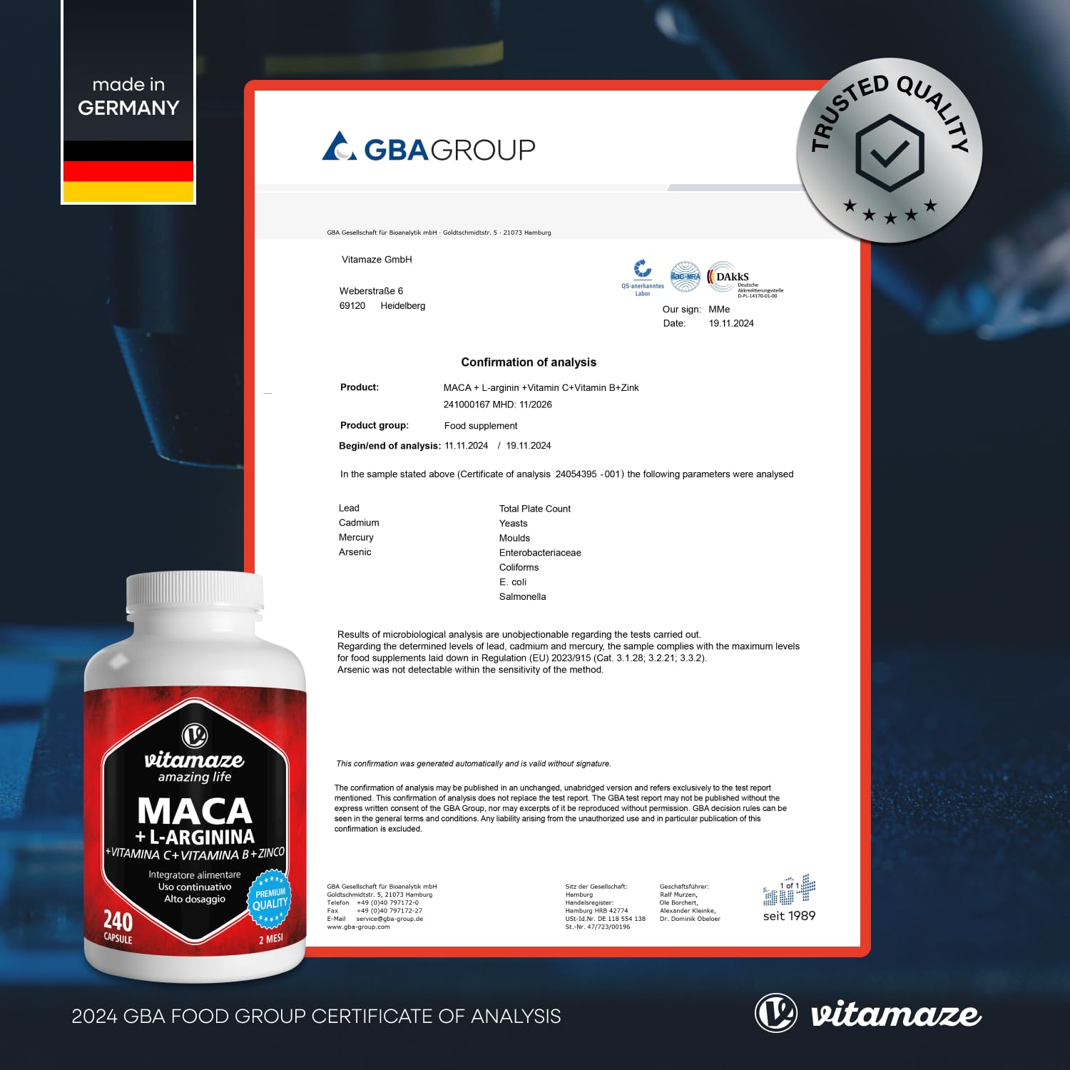 Vitamaze Maca Peruviana (con Maca Nera) Alto Dosaggio con L-Arginina, Zinco, Vitamina C, Vitamine B6 e B12, 240 Capsule, Prodotto in Germania, Integratore Alimentare Vegetale senza Additivi