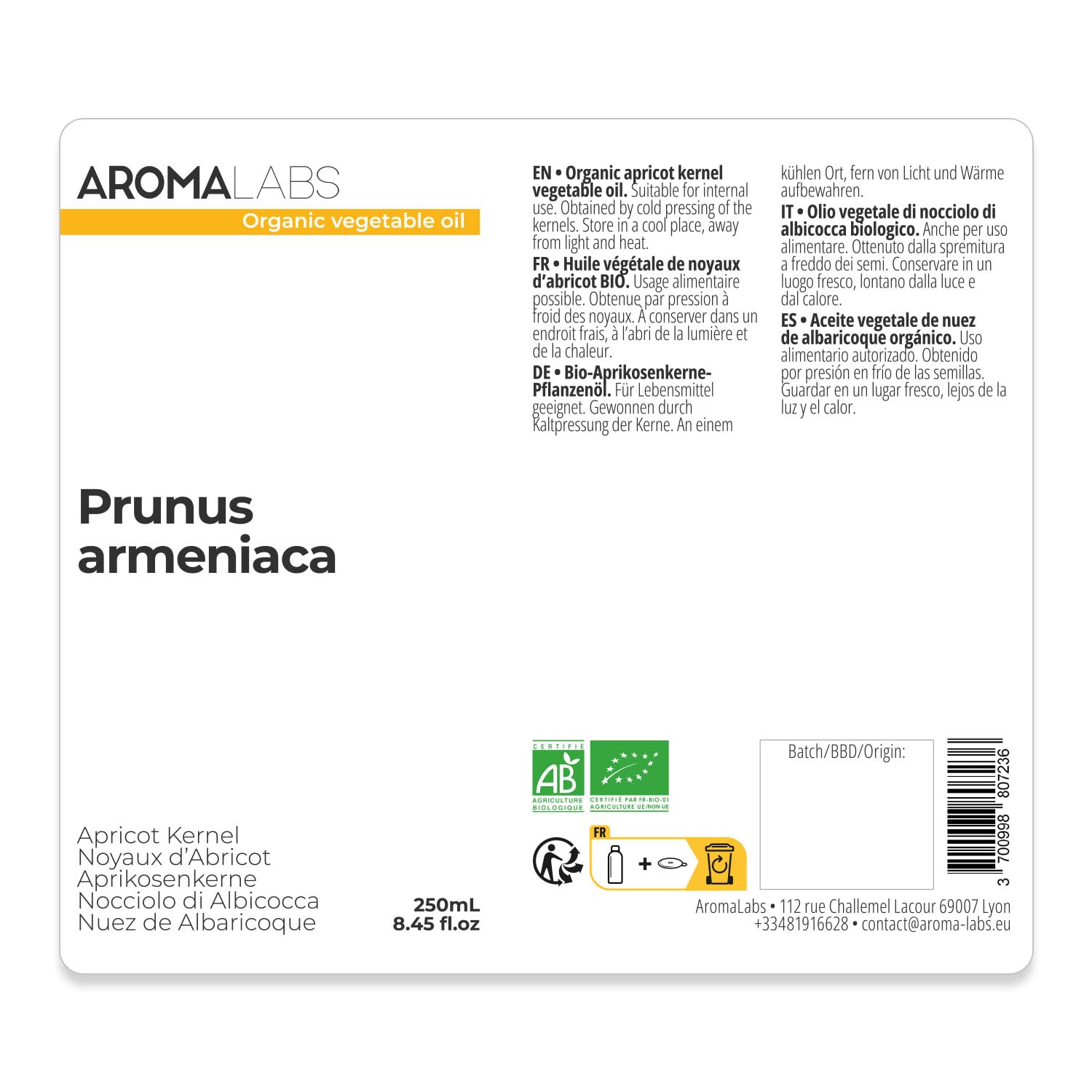 Aceite de Hueso de Albaricoque BIO (Prunus armeniaca) - 250 mL - Aceite Vegetal Virgen Certificado AB - Aroma Labs