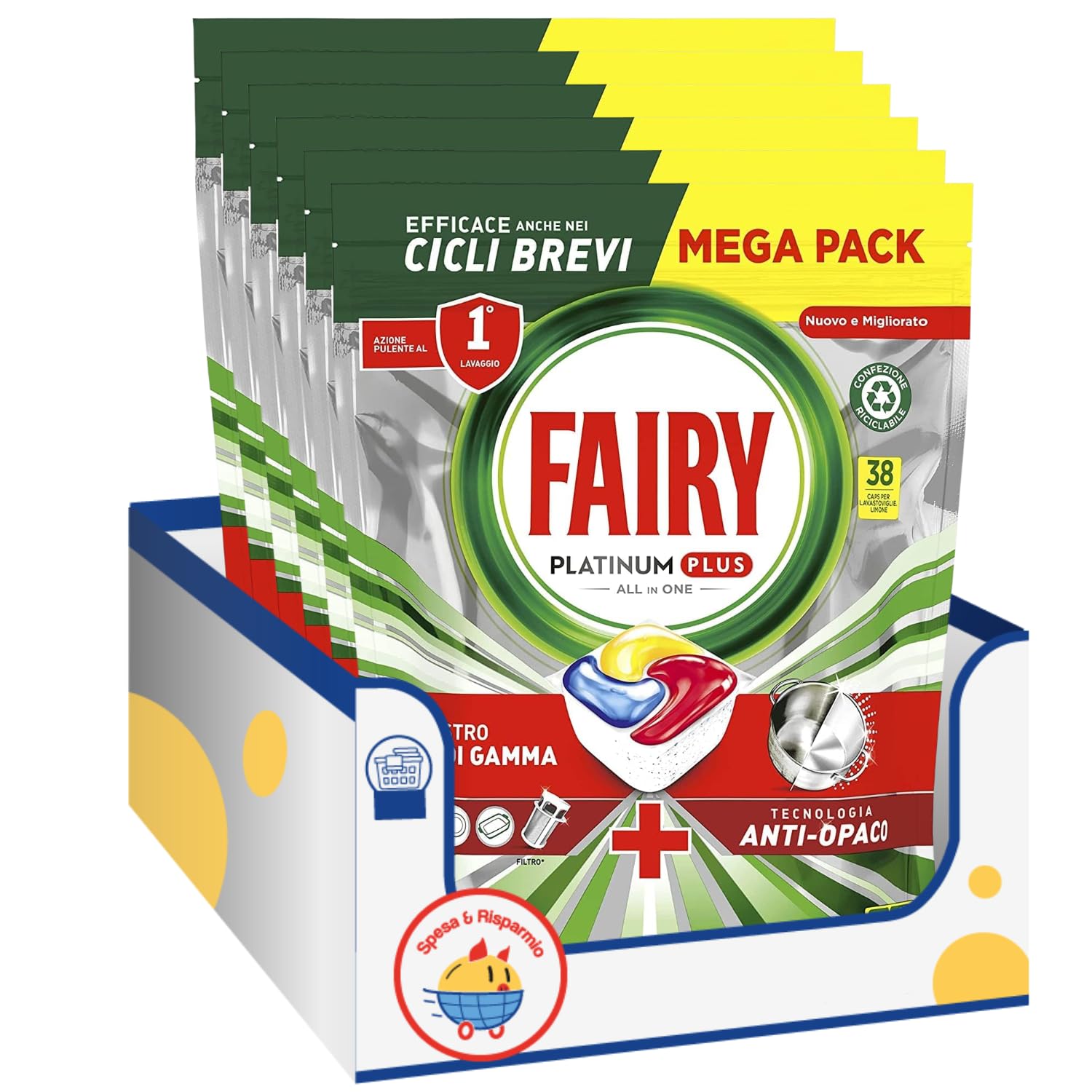 Pastiglie Lavastoviglie All in One al Limone – 38 Capsule – Azione Brillantante kit con Spugna Brandizzata SPESA & RISPARMIO Inclusa – Variazioni 2/4/6 Pezzi (6)