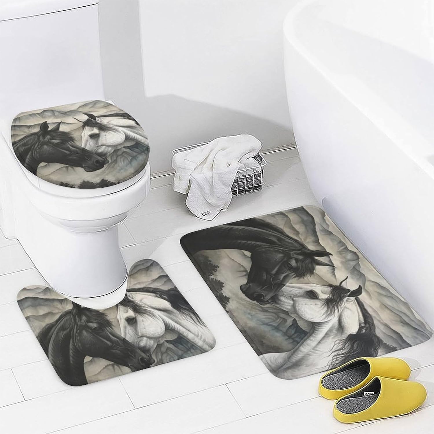 4Pcs Classic Mountain Horse Shower Curtain Set with Toilet Lid Cover Non-Slip Rugs for Bathroom, Black White Animal Tree Shower Curtain Bathroom Sets with Hooks, 72x72 Inch