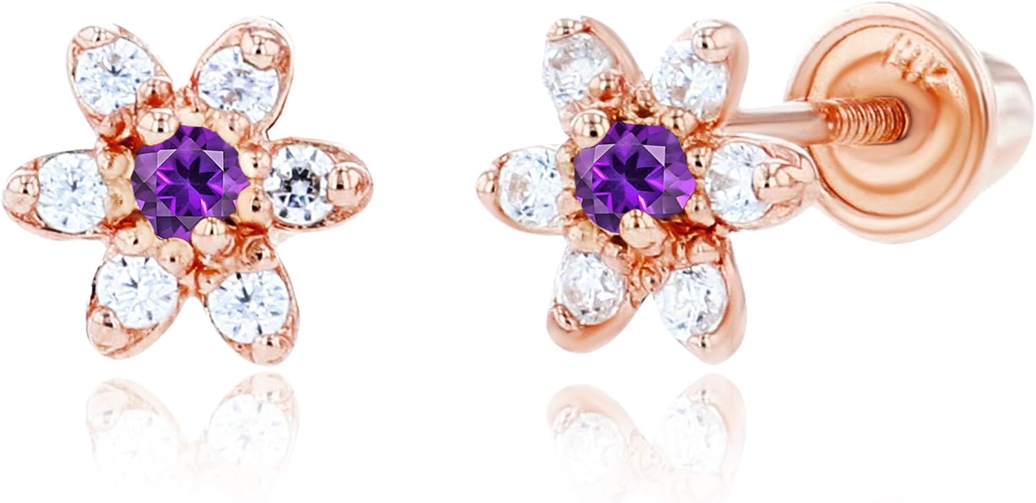 Solid 14K Gold 5mm Flower Natural Birthstone Screwback Earrings For Women | 1.50mm Birthstone | 1mm Round Pave Created White Sapphire Gemstone Flower Screwback Earrings For Women