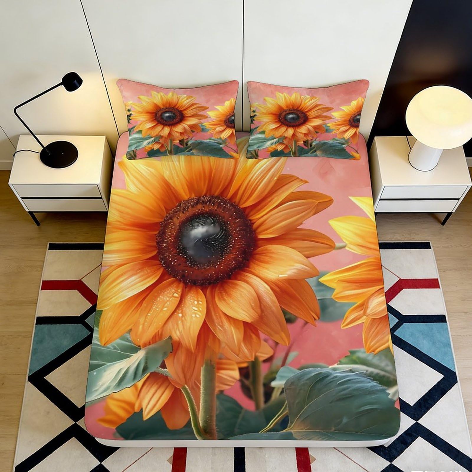 3D Printed Sunflower Fitted Sheet Microfiber Deep Pocket Non-Slip Bedroom Bedding Sunflower Mattress Fitted Cover Washable 140x200x25cm