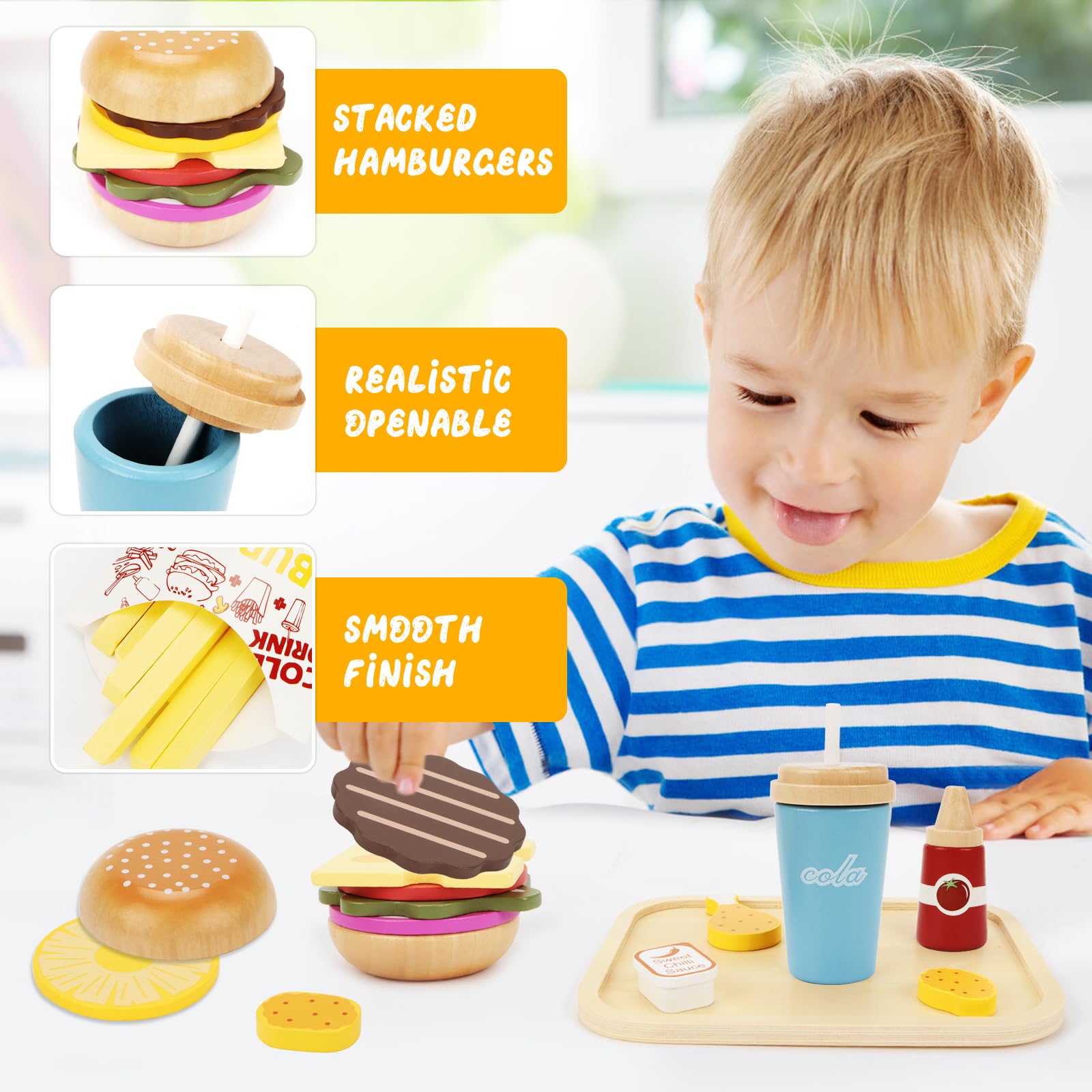 Toywoo Cibo da gioco in legno per bambini Set di hamburger Fast Food ToyPlay Accessori da cucina per i più piccoli Giocattolo Cibo Regalo per Ragazzi Ragazze Giocattoli Educativi