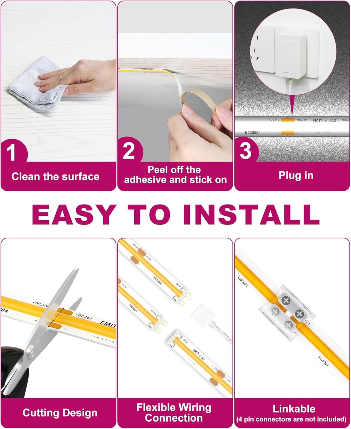 EMITEVER Under Cabinet Lighting kit, 6 PCS COB LED Strip Lights 5000K Natural White, UL Listed Dimmable Led Lights Strip for Kitchen Cabinet, Counter, Shelf, with Remote & Adapter, Timing, 9.8ft