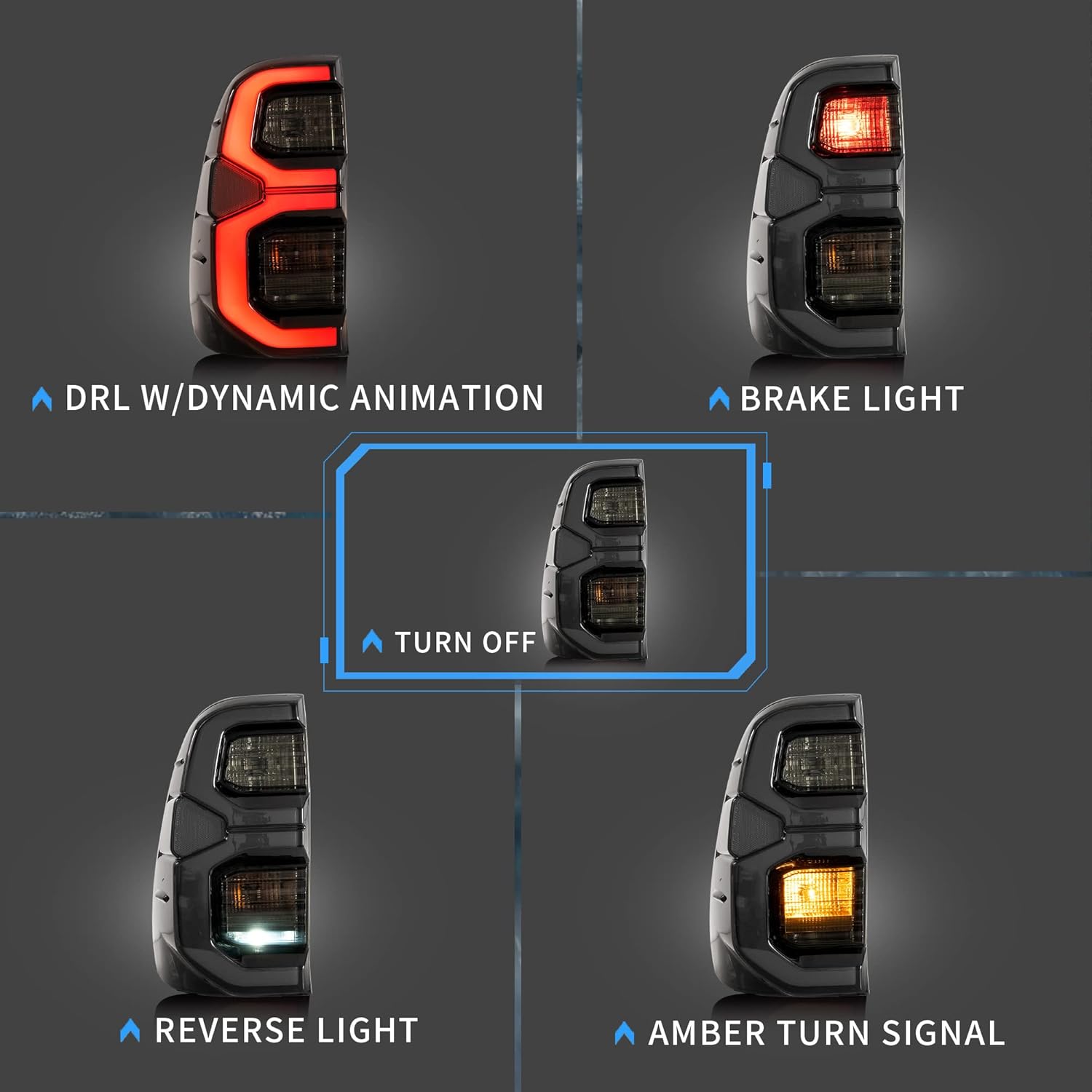 VLAND LED Tail Lights Compatible with Toyota Hilux 2015-2020 Revo(NOT for Tonka) Pickup Truck, Rear Lamp Assembly w/Dynamic Animation Running Light, Passenger+Driver Sides Smoke LHD