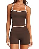 RXRXCOCO Color Block Workout Sets for Women 2 Piece Padded Strappy Tank Tops Hidden Scrunch Booty Shorts with Pockets