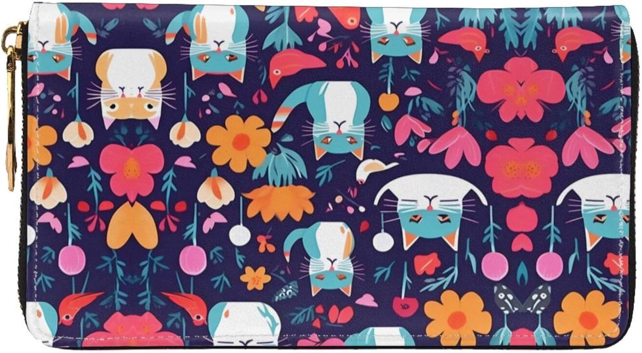 BaerK Stylish Funny Cats Birds and Flowers Print Leather Wallet - Thin Bifold Checkbook Wallet with Coin Pocket, Credit Card Holder