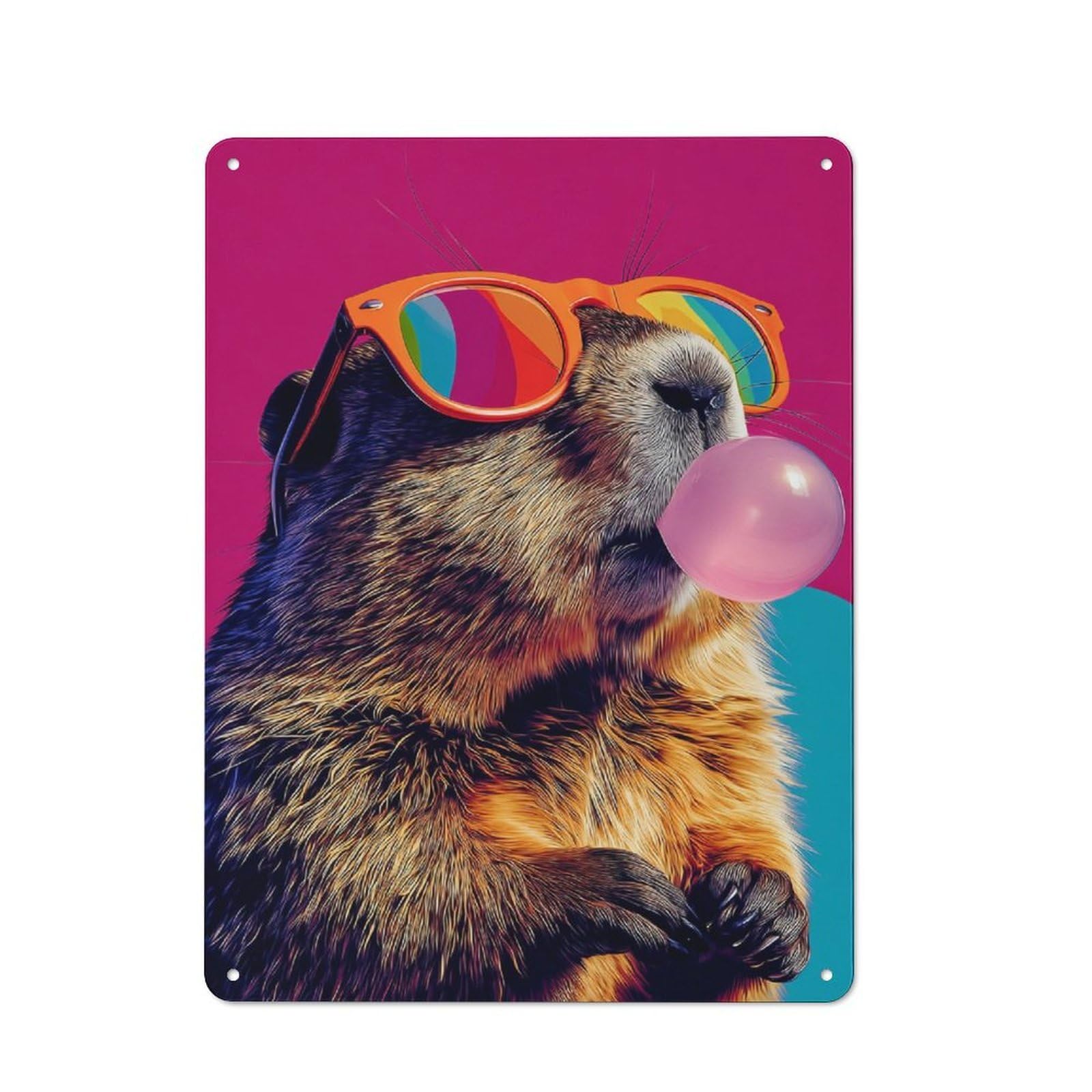 Junmoney Groundhog With Sunglasses Blowing Bubble Gum -1 Rustic Metal Wall Decor 40X30cm, Country Metal Sign For Kitchen, Cottage, Porch Or Garden Room