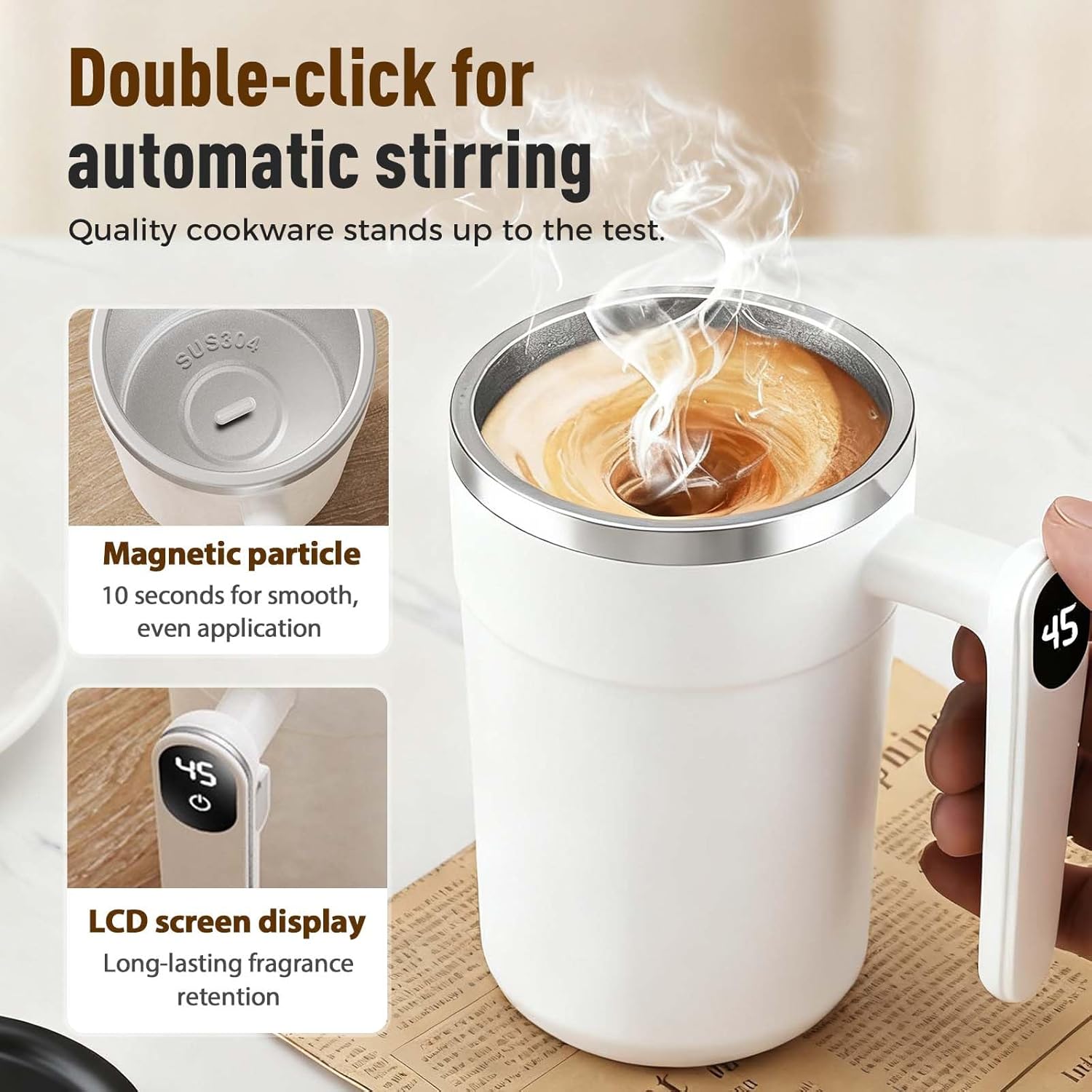 Automatic Magnetic Stirring Coffee Mug, 2026 Upgraded Self Stirring Coffee Mug, Rechargeable Automatic Stirring Coffee Mugs, Self Stirring Mug with Lid, Portable Electric High Speed Mixing Cup (White)