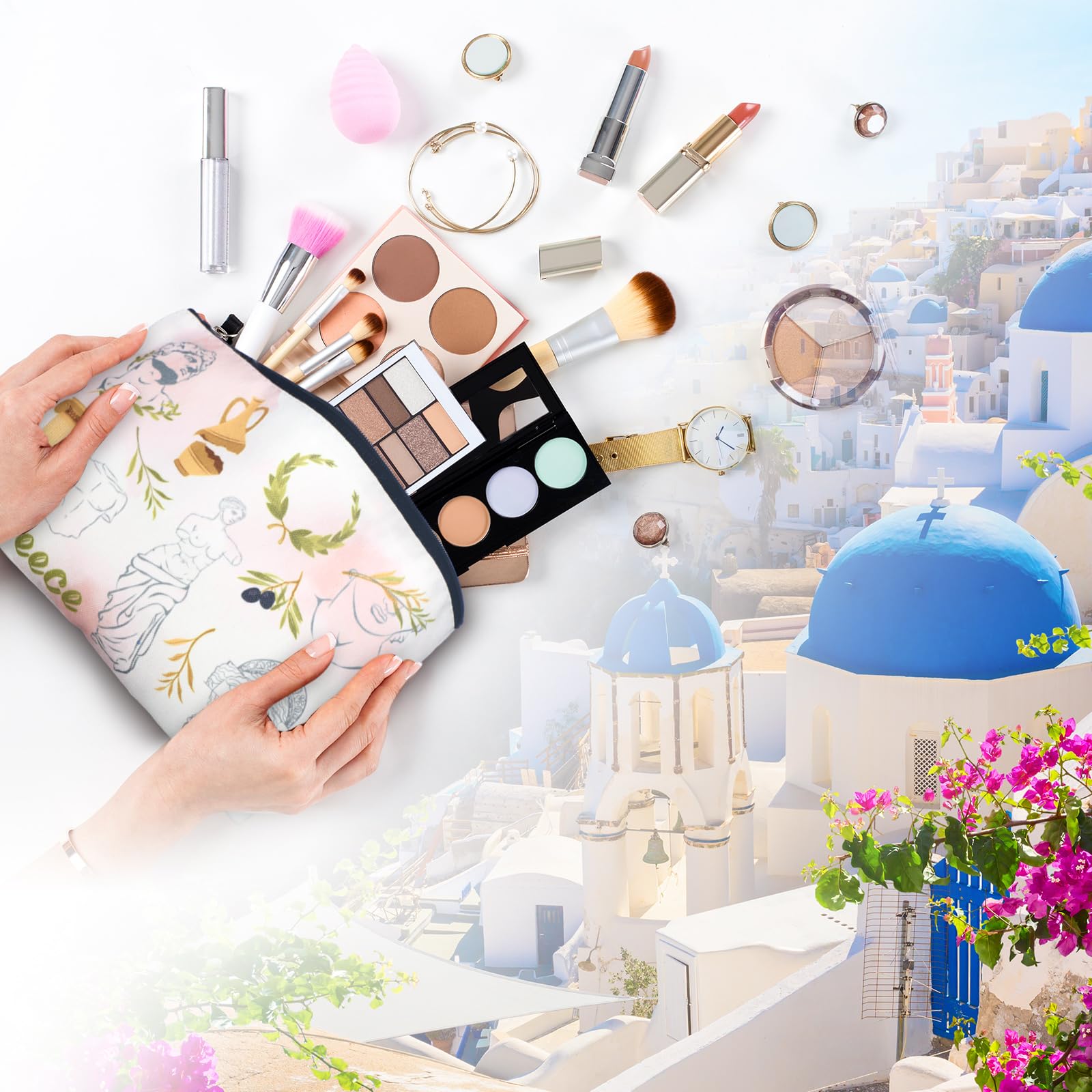 16 Pcs Cosmetic Bag Souvenir Gifts Makeup Bag Travel Vacation Zipper Pouch Purse for Women Birthday Trip Gifts Party Favors(Greece)