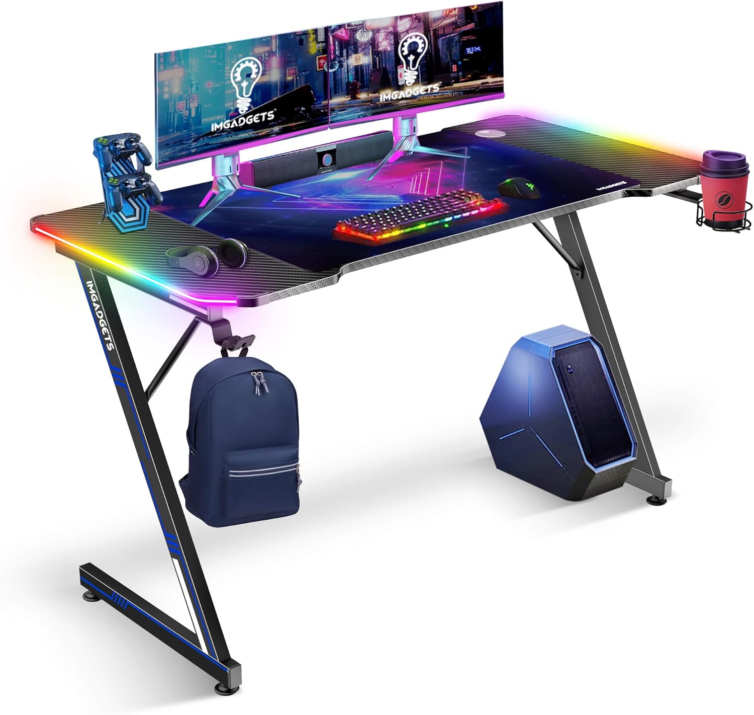 IMGadgets Gaming Desk with LED | 47"x 23" Gaming Table | Gaming Desk Mat, Mousepad | Carbon Fiber Desk for Gaming | Z Shaped Gaming Setup Desk | Built-in RBG Lights, Cable Management, Cup Holder
