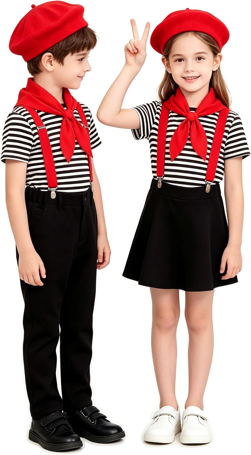 Kids Mime Artist Costume for Boys Girls French Artist Outfit Suit Halloween Cosplay 3-12y