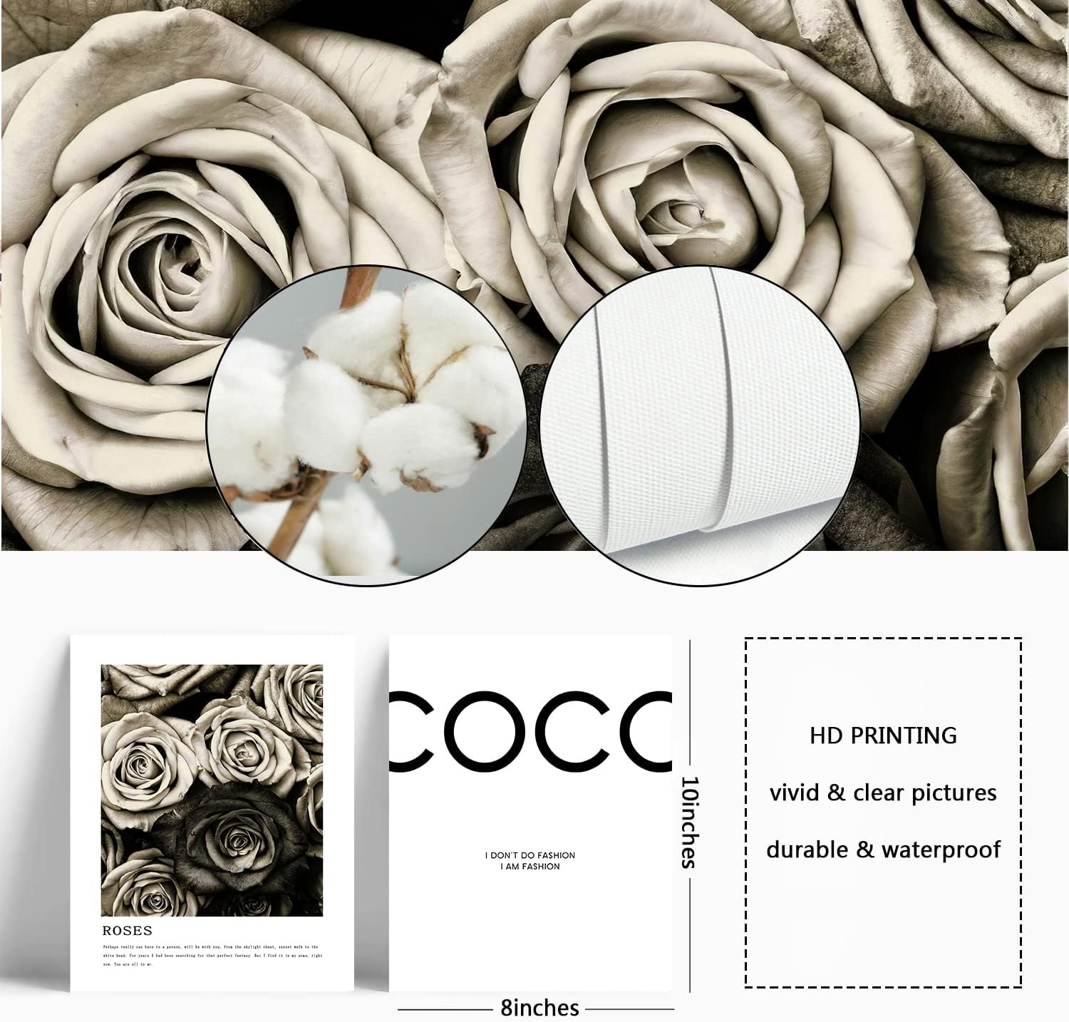 Fashion Wall Art Print Set of 6 Pieces Canvas Wall Art Black & White Fashion Poster Coco Woman Rose Inspirational Quotes for Bedroom Living Room Girls Wall Decor and Gorgeous Wall Decor (8 x 10