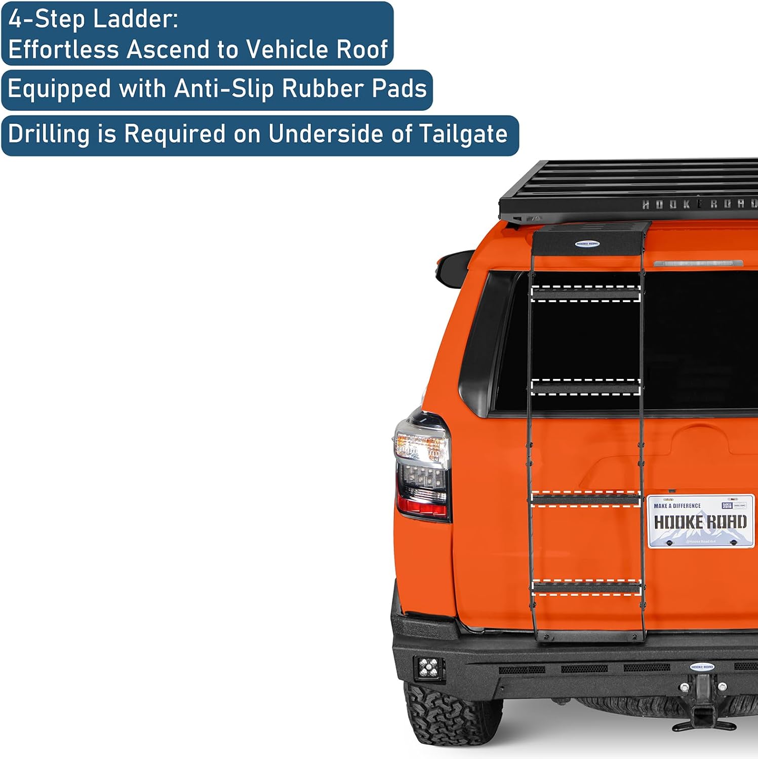 Hooke Road 4Runner Roof Rack Access Ladder Rear Hatch Ladder Trunk 4-Step Cargo Step Compatible with 2010-2024 Toyota 4Runner 5th Gen with 260-lb Load Capacity