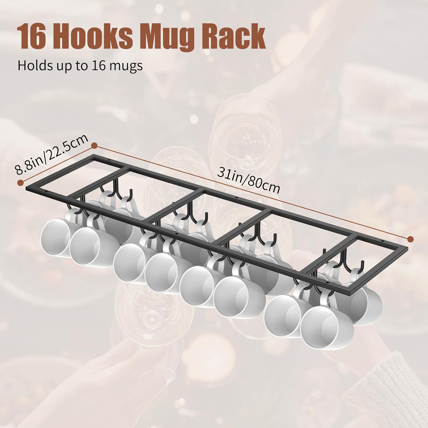 Xverycan Mug Hooks Under Cabinet, Large Capacity Mug Rack with 16 Hooks