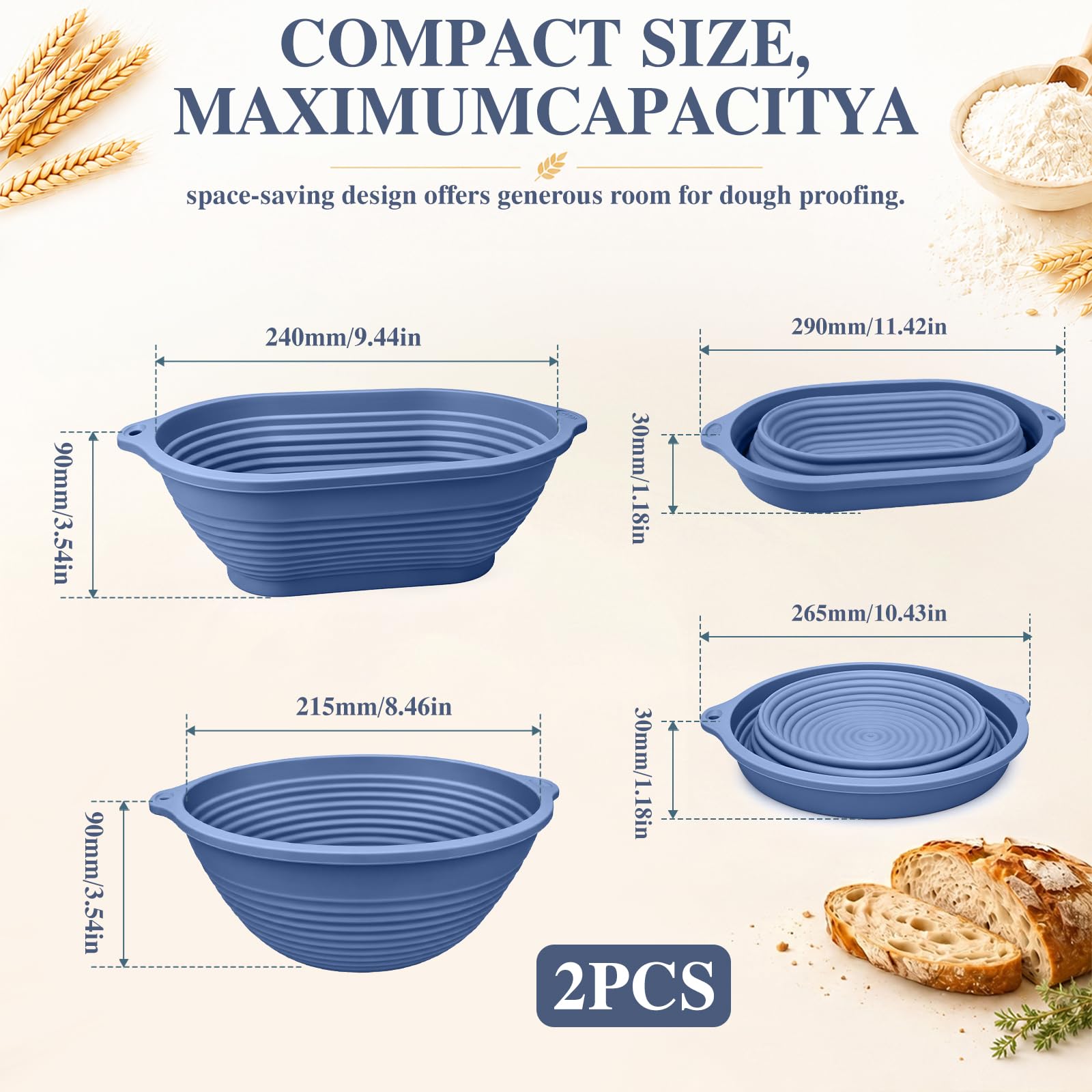 2 Paniers de Fermentation en Silicone pour Pain, Ovale de 29 cm et Rond de 26 cm, Bord Renforcé en Acier IntéGré, Pliables, Panier de Fermentation en Silicone pour PâTe, Pizza, PâTisseries (Bleu)