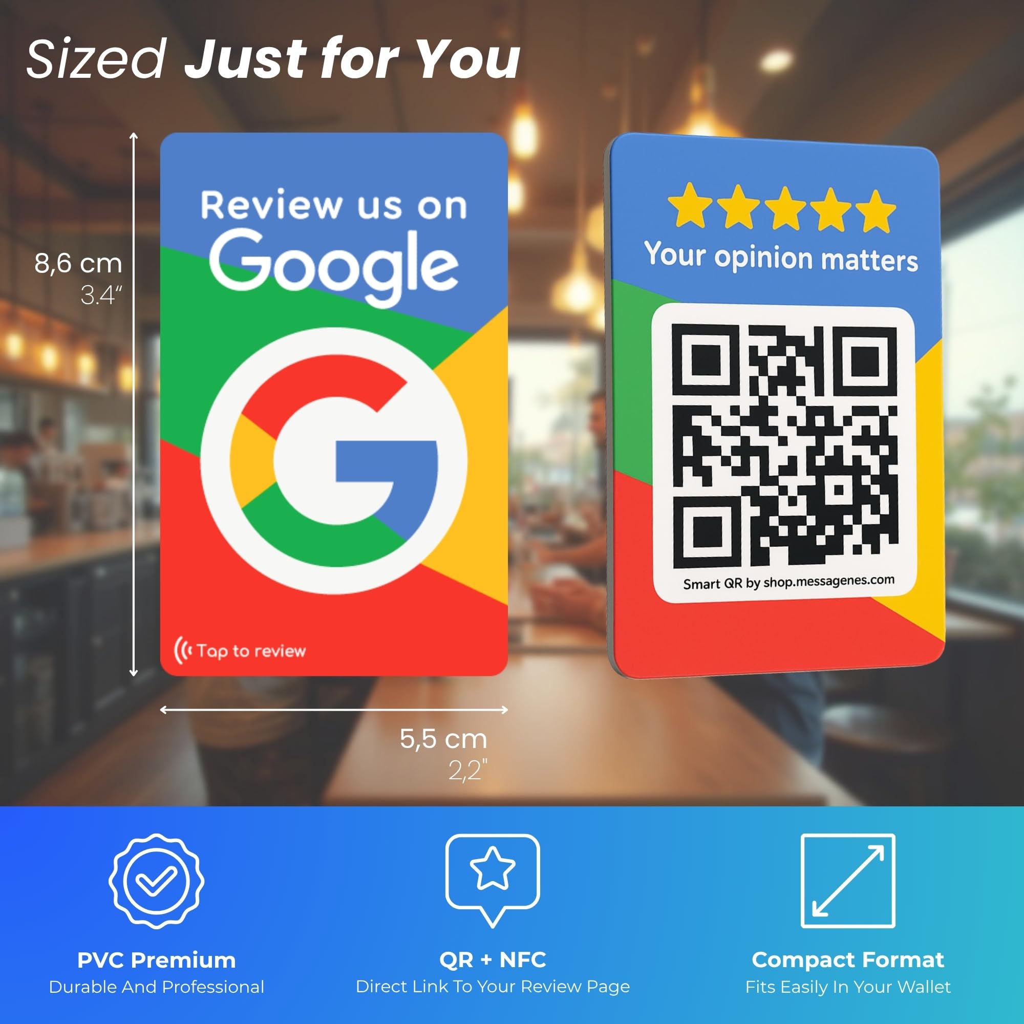 MESSAGENES - Tarjeta con NFC y QR | Tarjeta para Conseguir Reseñas | Compatible con Google Business | Pack 4 Unidades | QR Dinámico Editable | Analíticas de Escaneo | Sirve para iPhone y Android