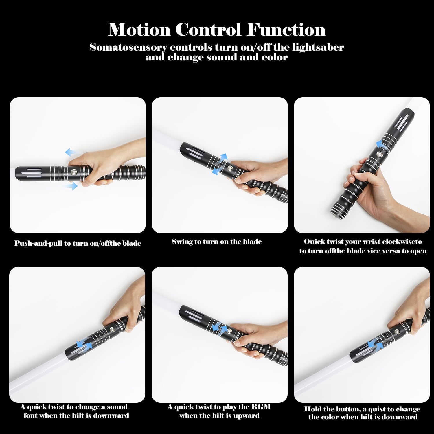 Diagram showing various motion control gestures for lightsaber functions.