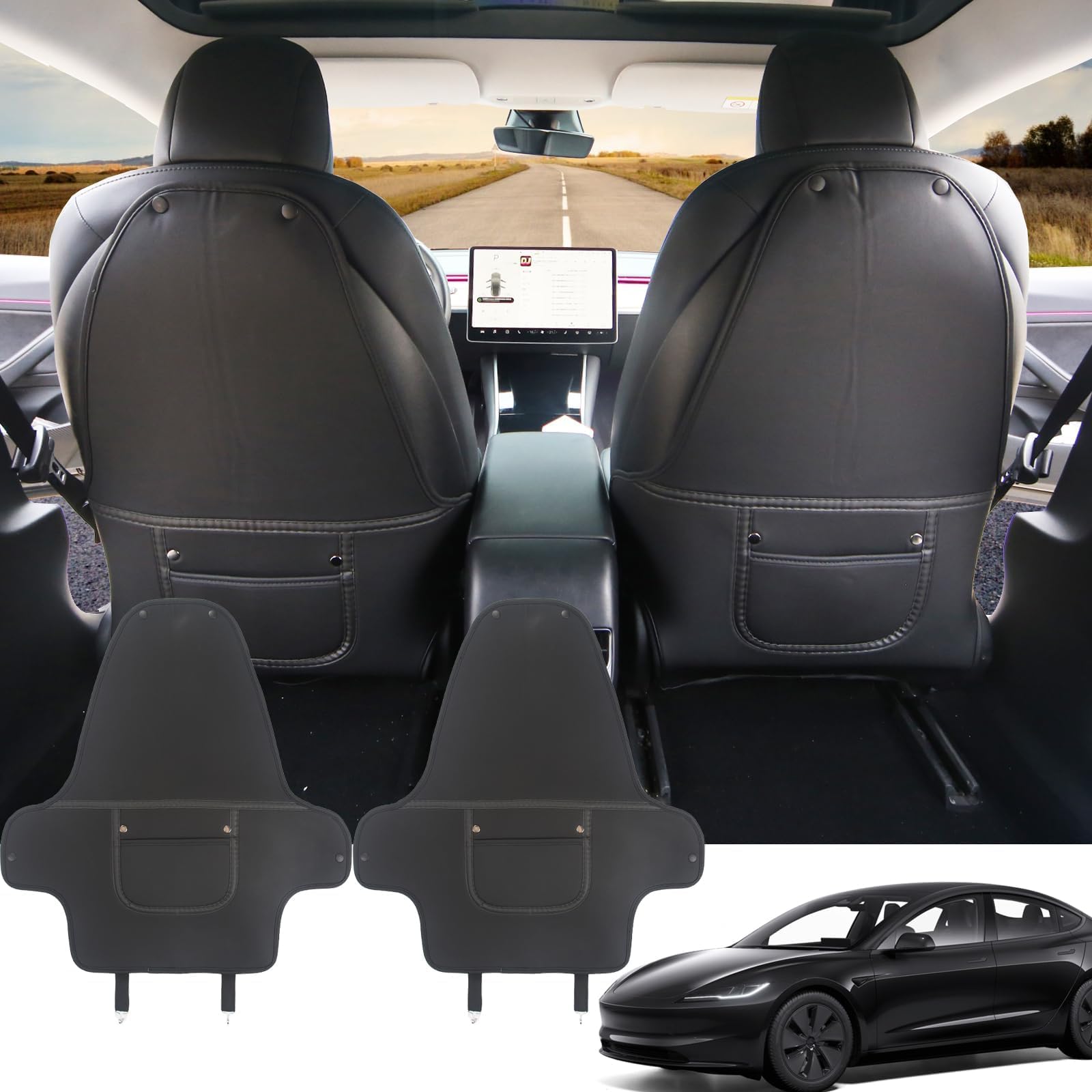 Fancemot 2 Packs Kick Mats Seat Protector Compatible with Tesla Model Y & Model 3, Black Seat Back Kick Protector