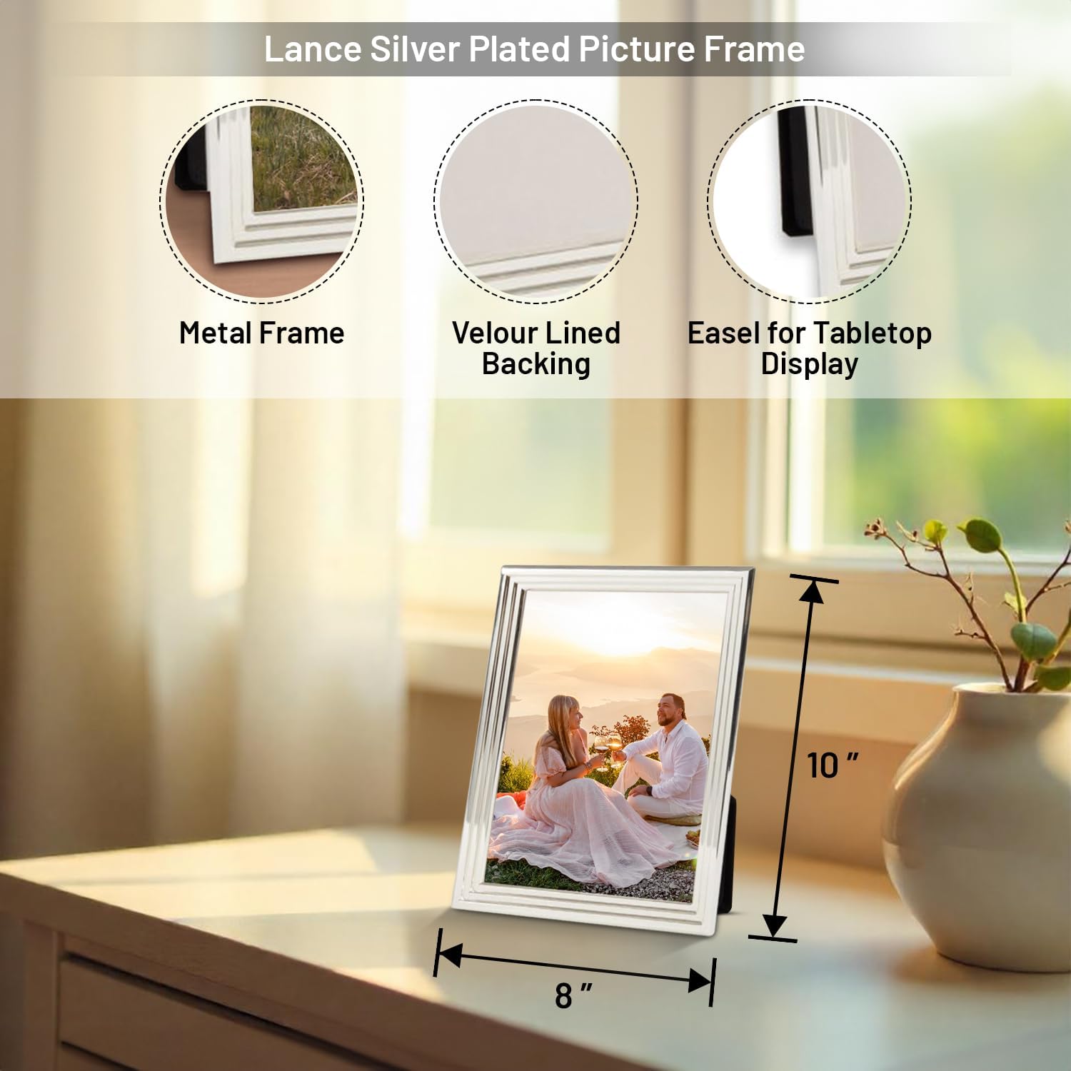 Bey-Berk Lance Silver Plated 5" x 7" Metal Picture Frame with Easel Back, Layered Edge Detail, Vertical or Horizontal Position