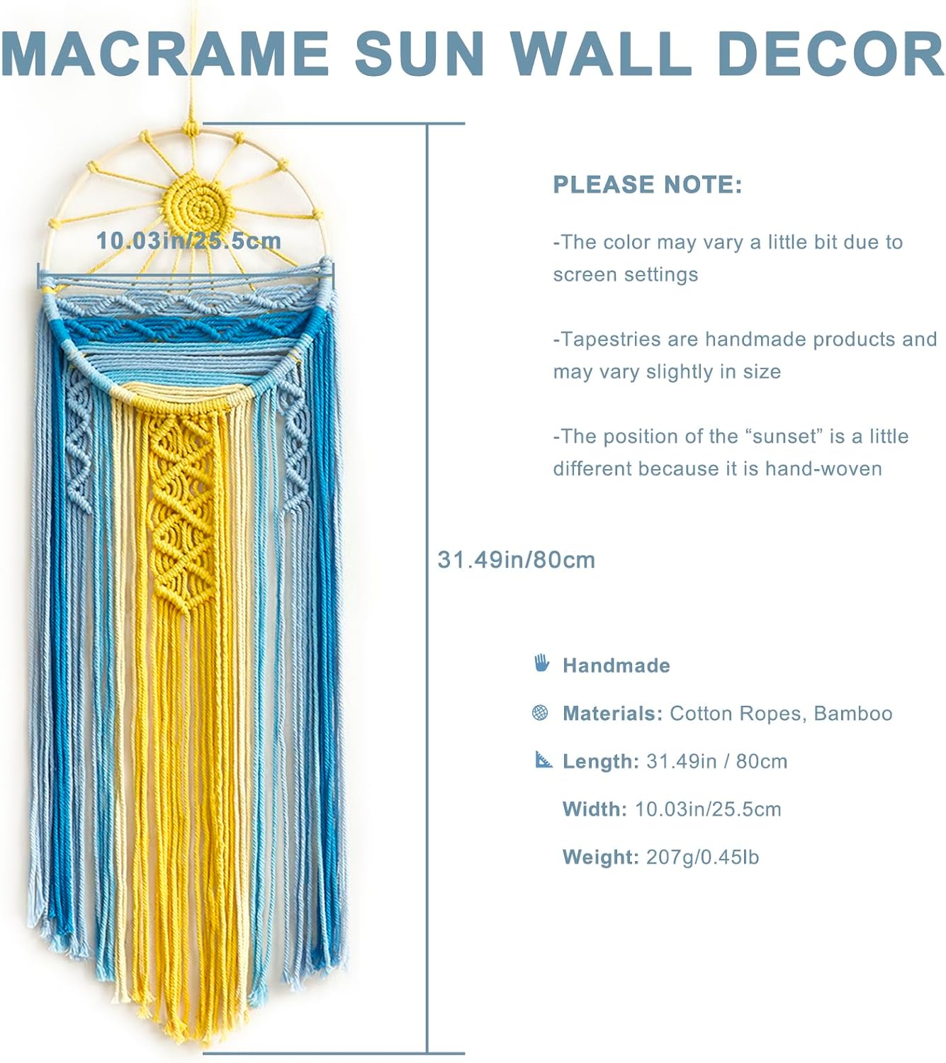 Artilady 2 Pack Blue Sun Wall Decor Macrame Hanging Tapestry Sunshine Sunset Wall Art Set, Rustic Woven Tapestries Boho Dream Catcher Colorful Decor for Bedroom Living Room Nursery (Blue 2Pcs)