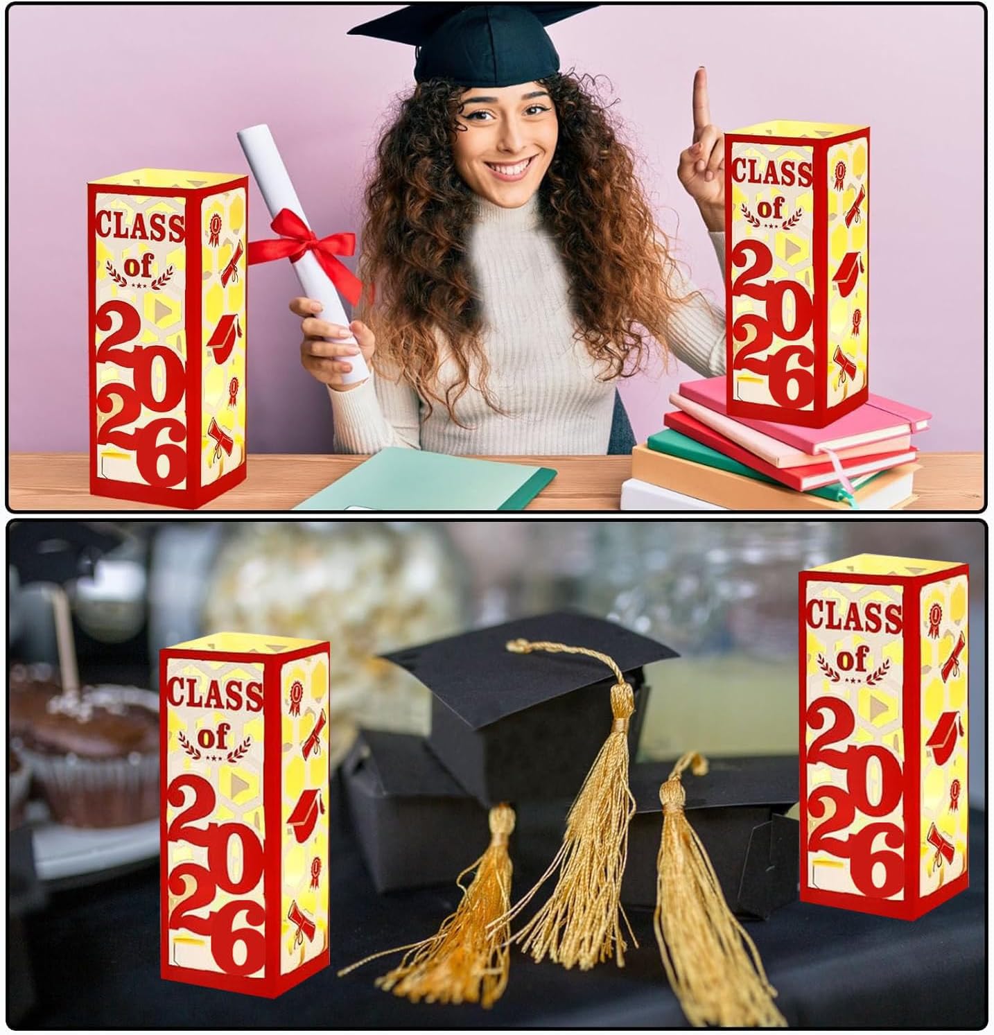 12 Pcs Light Up Graduation Centerpieces- Class of 2026 Graduation Decorations Lantern Boxes for College High School Congrats Graduation Party Supplies(Red)