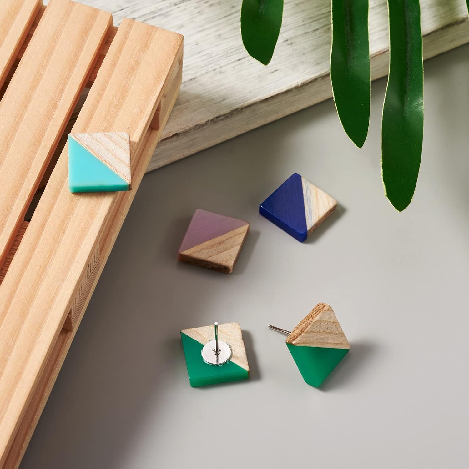 FASHEWELRY 50Pcs Half Wood Half Resin Rhombus Cabochons Flat Back Square Wooden Geometry Self Adhesive Tiles 13x13mm Two-Tone No Hole Beads Statement for Jewelry Making Scrapbooking Crafting Decor image 4