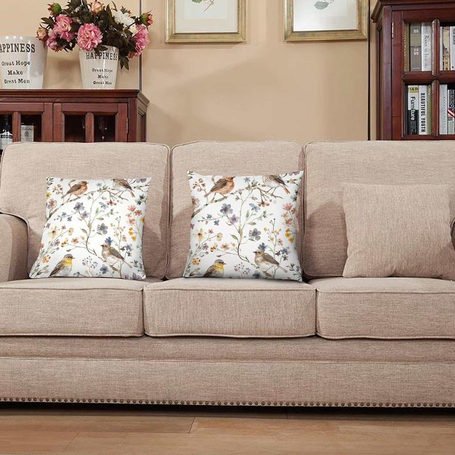 2 Packs Flower Watercolor Throw Pillow Covers for Living Room, Abstract Bird Floral Plants Pillow Covers Cushion Case for Couch Sofa Bed, 12x12 inch