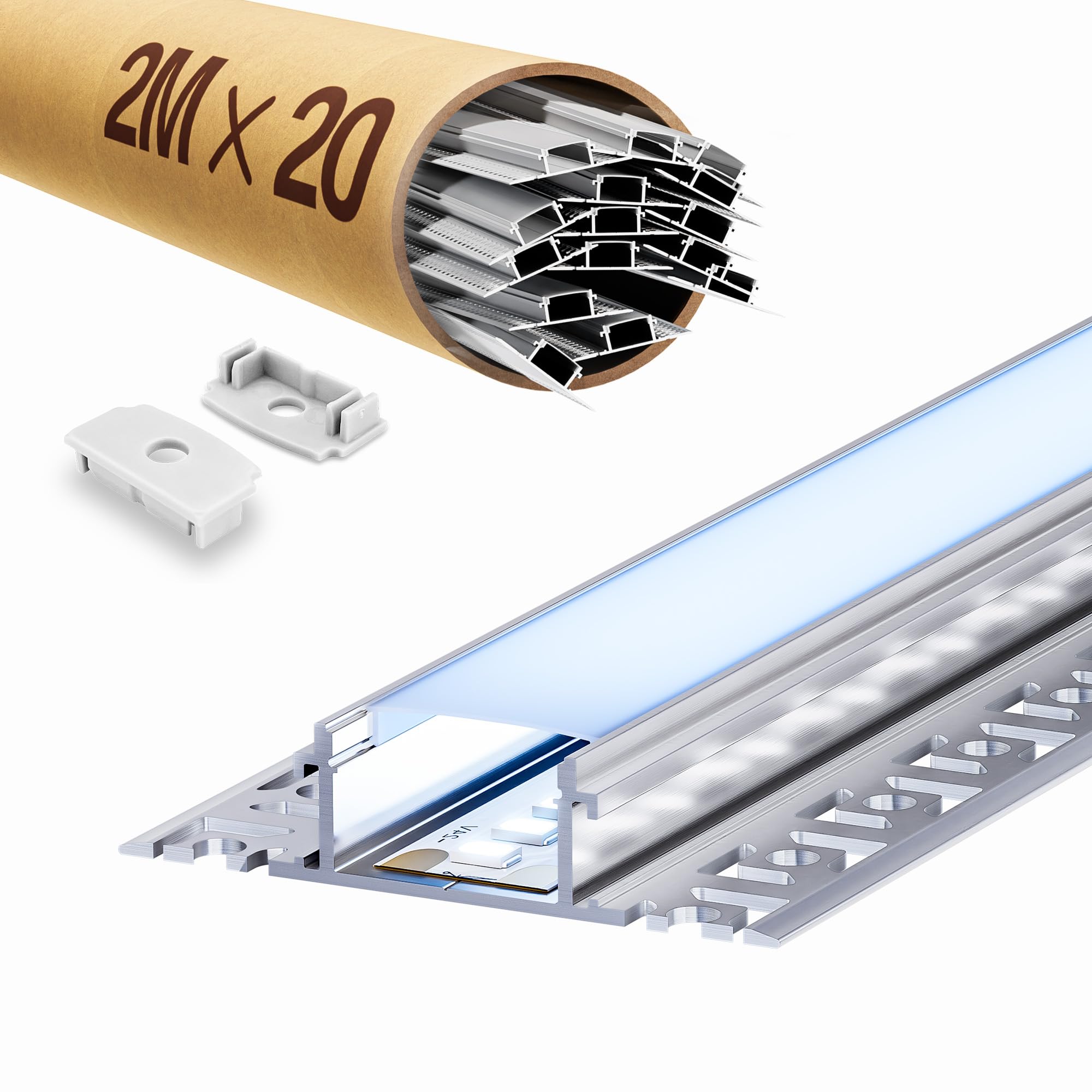 Carril LED de perfil de yeso con difusor, adecuado para tiras de LED de hasta 20 mm, dimensiones: 2000 x 61,8 x 13,8 mm (incluye ala de montaje) (SP45, 20 x 2 m (40 m total)